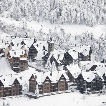 a group of houses covered in snow