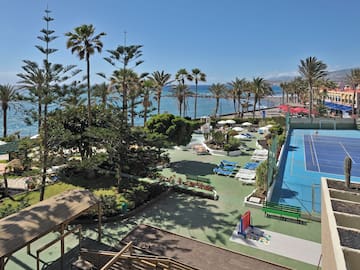 a swimming pool and palm trees by the water