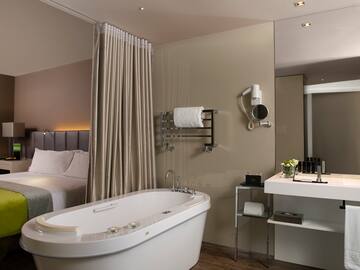 a bathroom with a bathtub and a bed