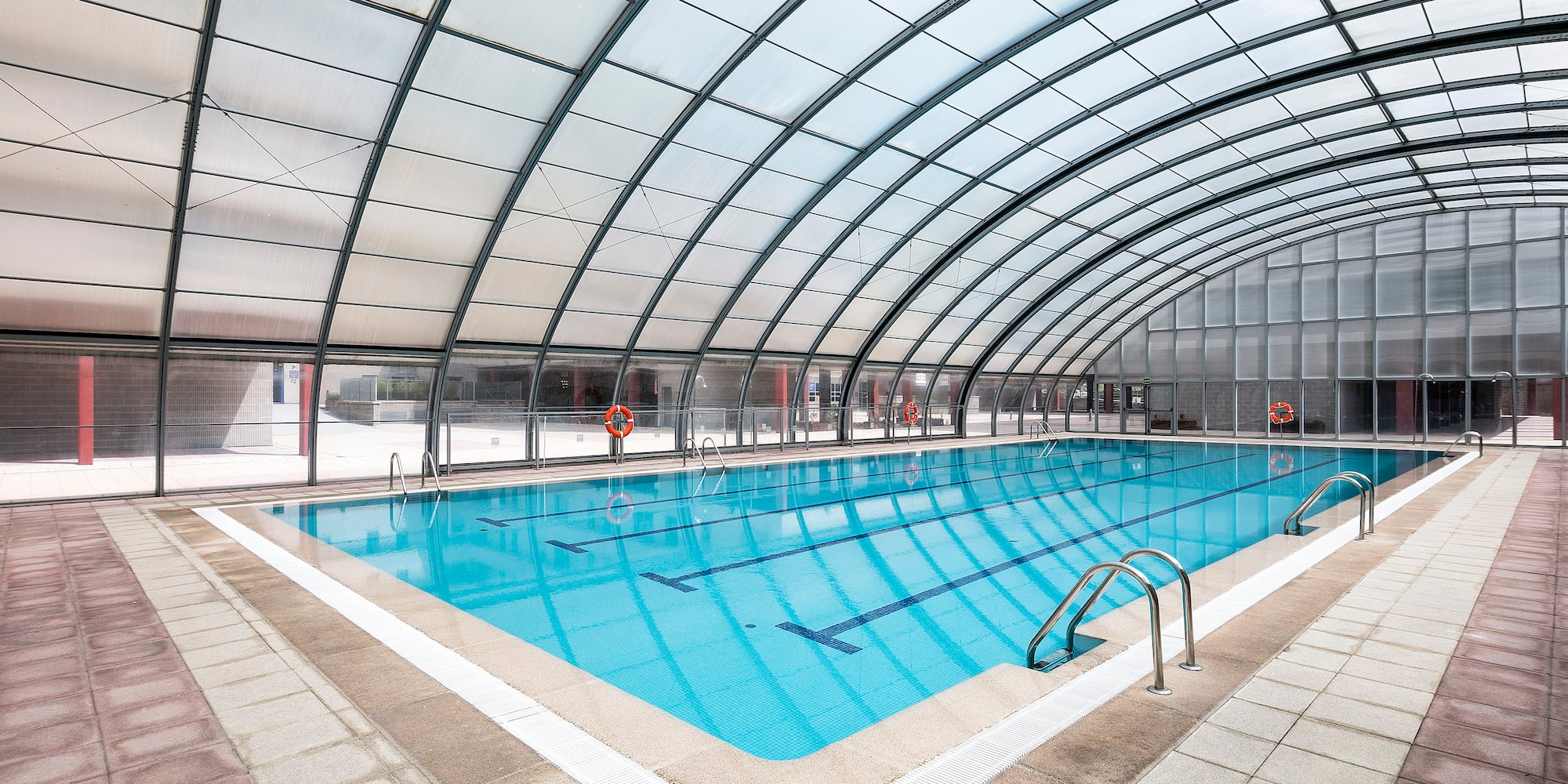 a swimming pool inside a building
