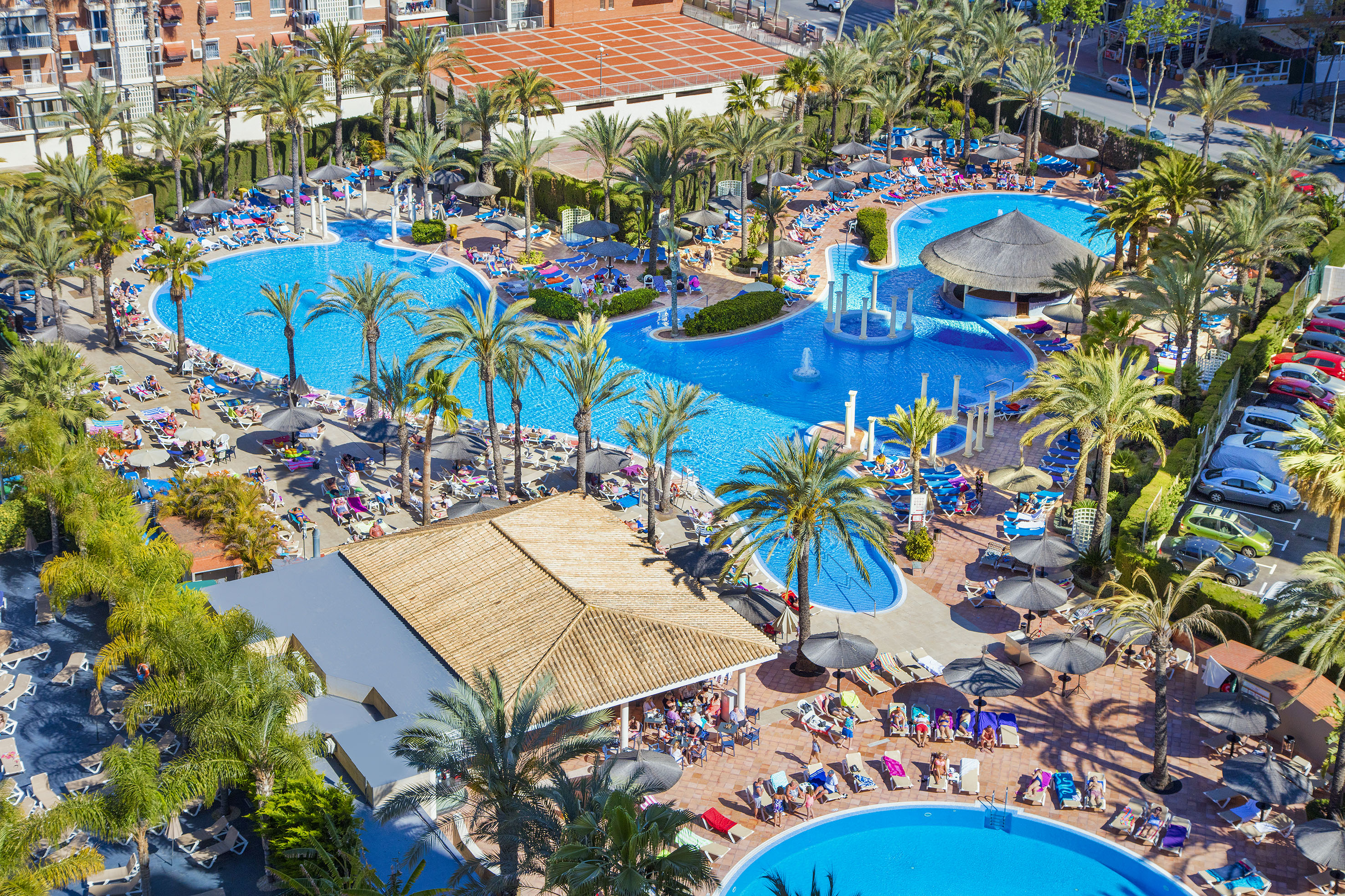 Aerial resort view: multiple pools, palm trees, and guests enjoying the sun.