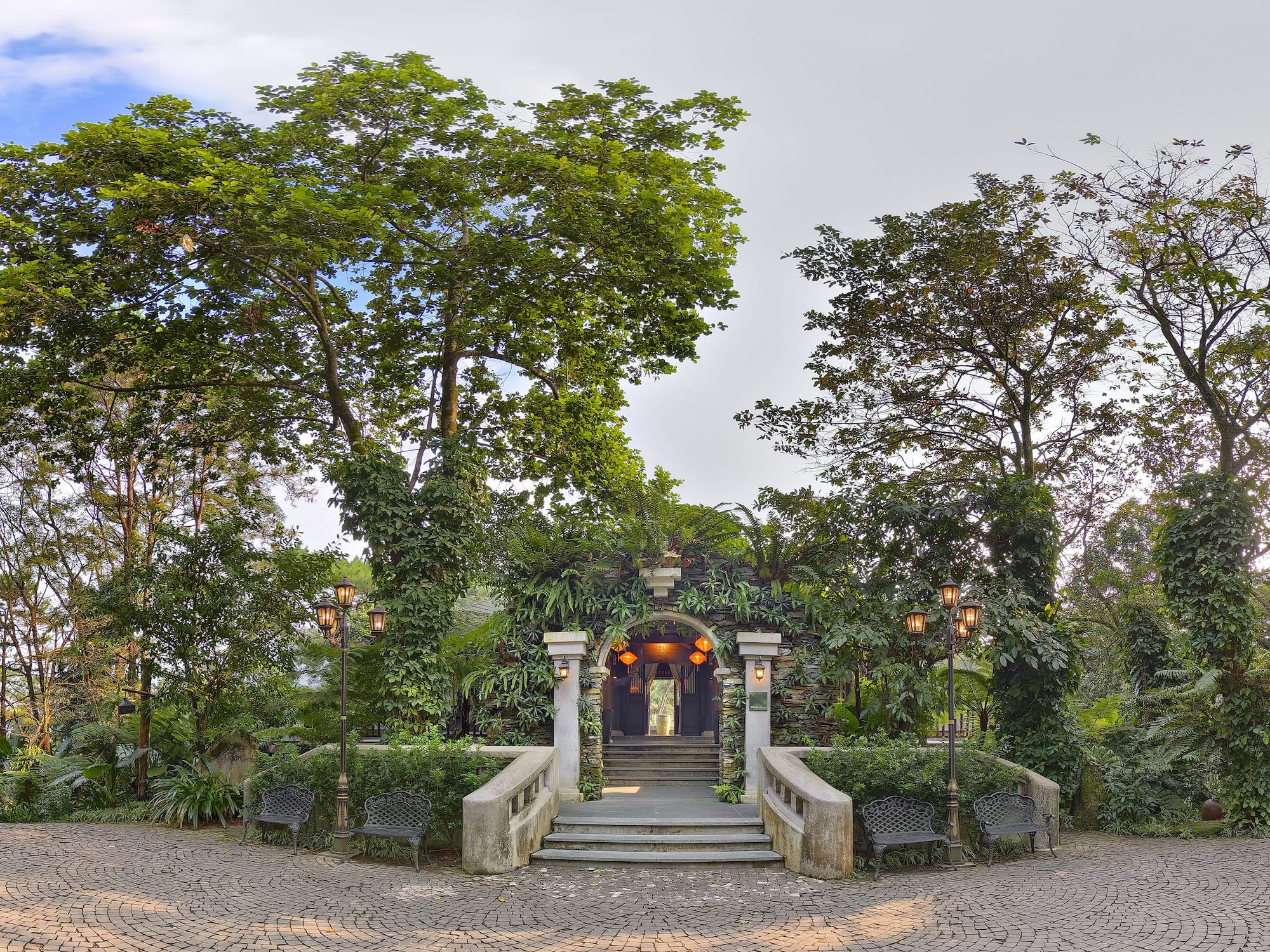 a building with stairs and trees