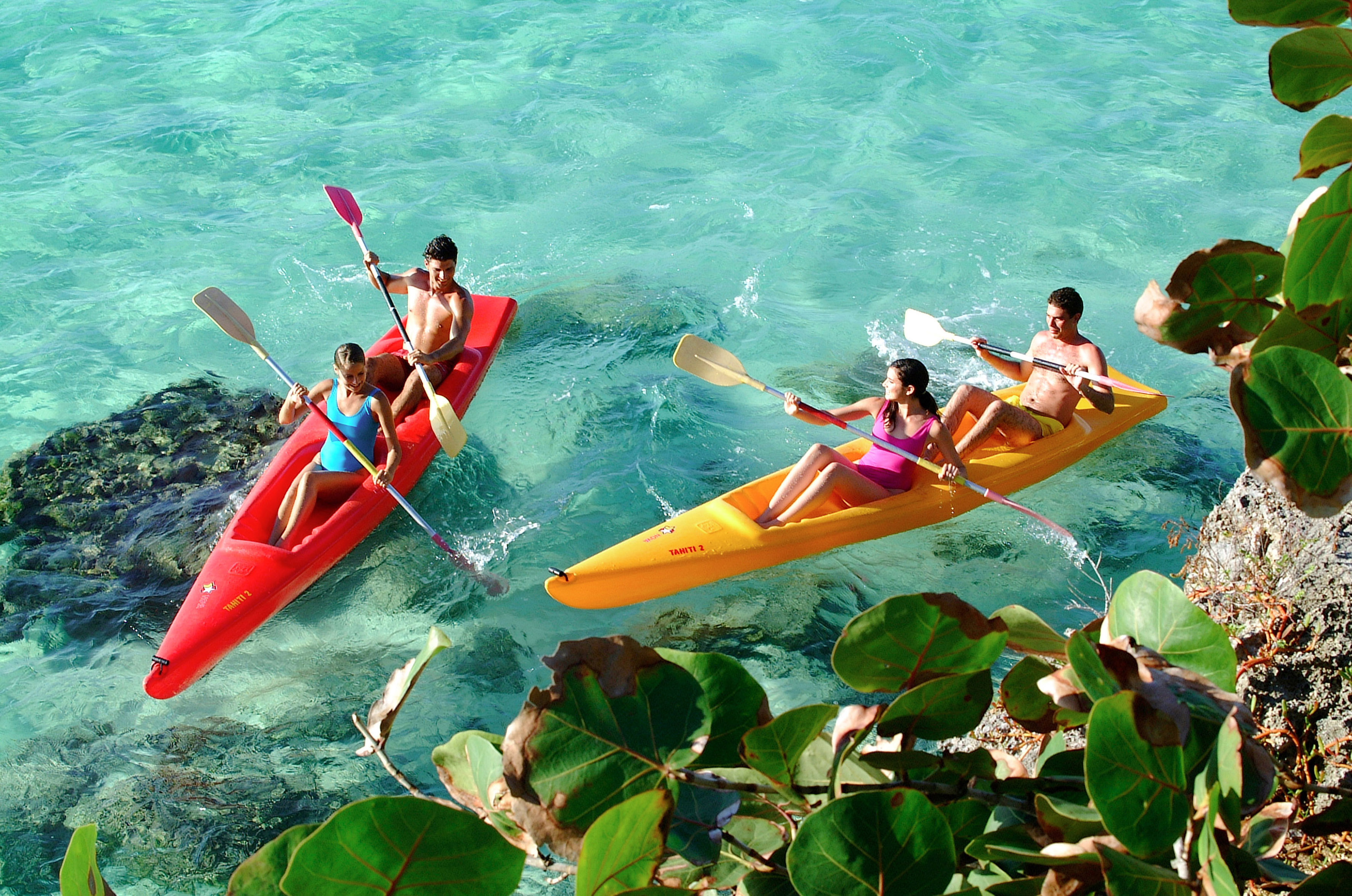 a group of people in kayaks on the water