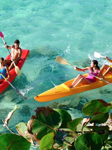 a group of people in kayaks on the water