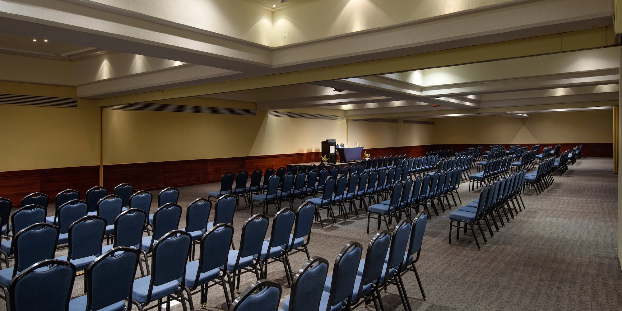 a room with rows of blue chairs