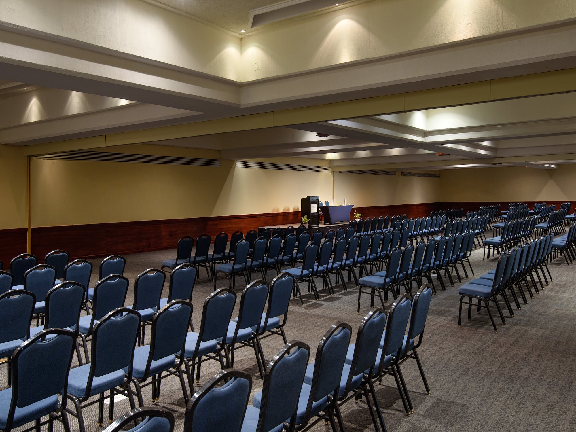 a room with rows of blue chairs