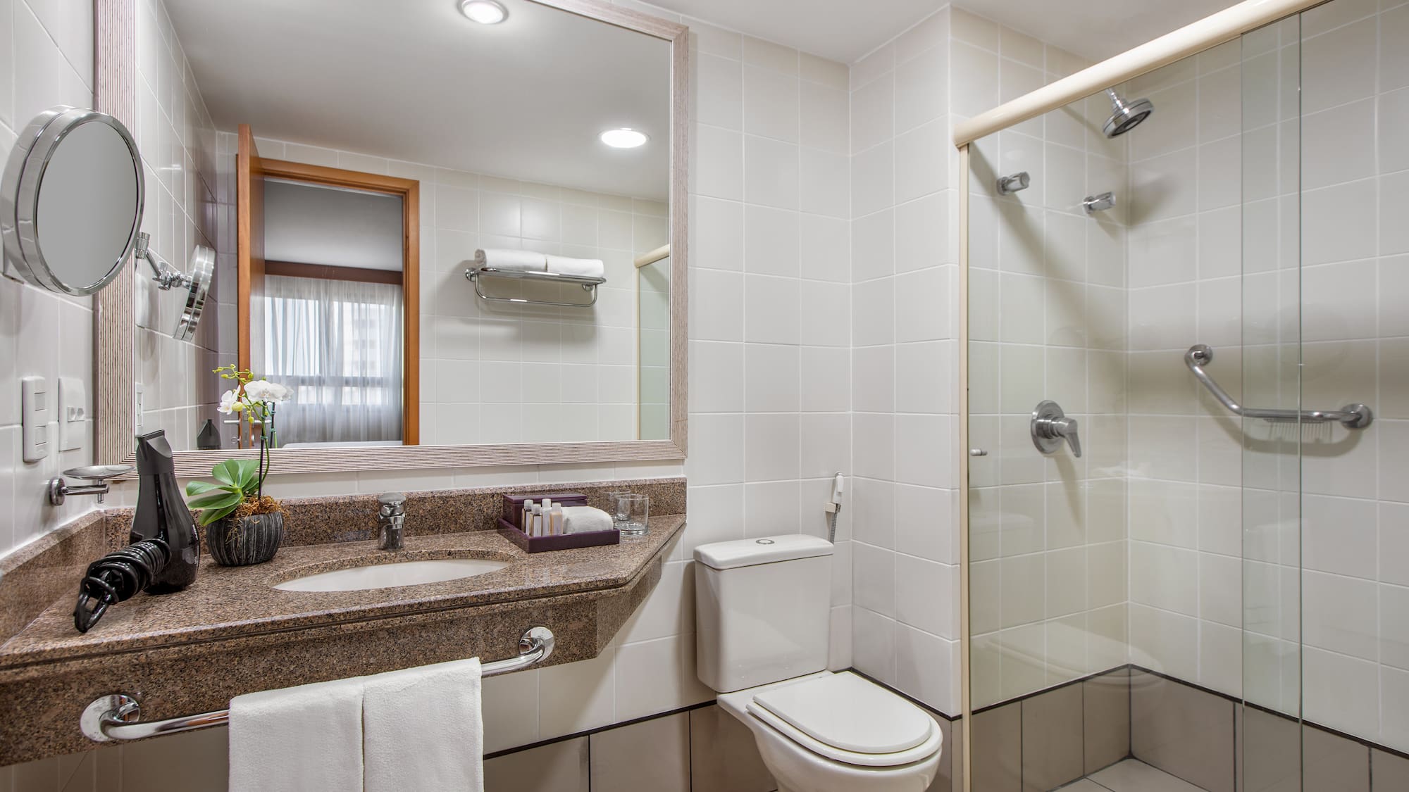 a bathroom with a shower and toilet