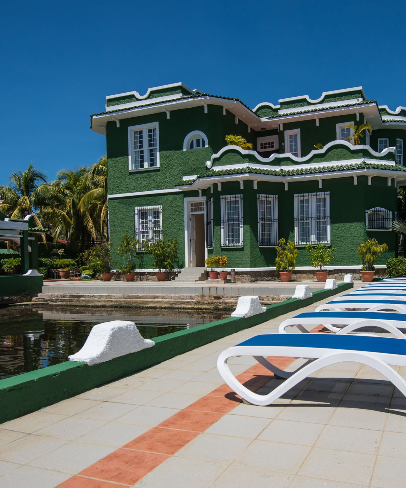 a green house with a pool and lounge chairs