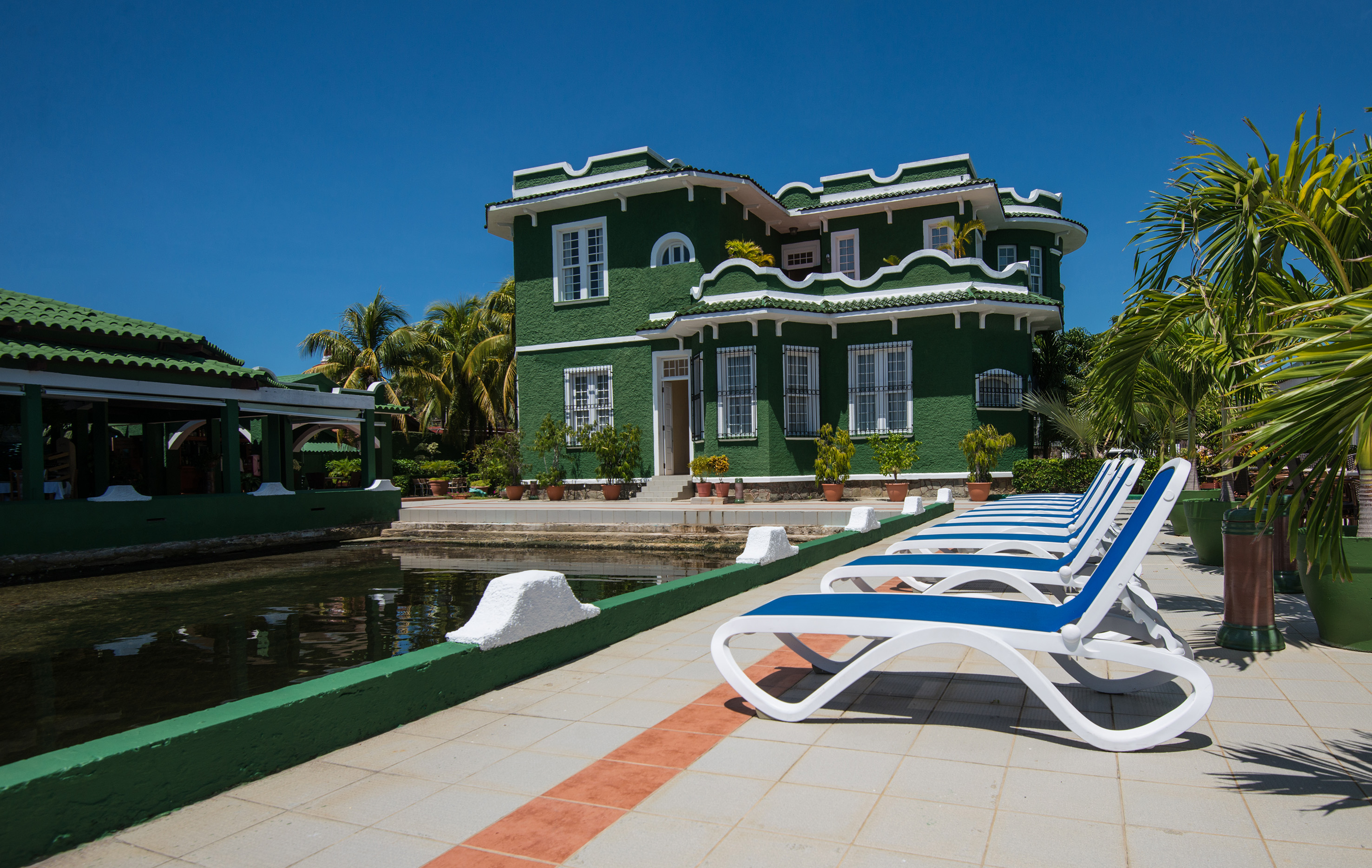 a green house with a pool and lounge chairs