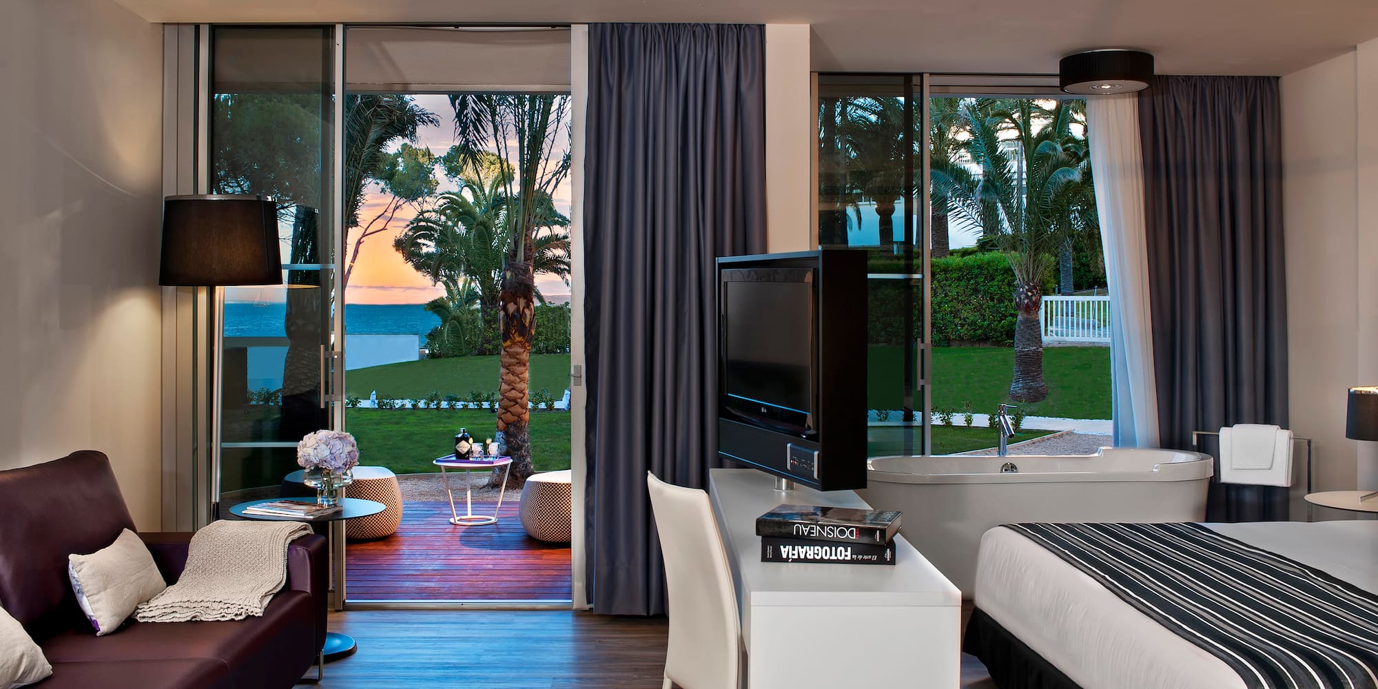 a room with a television and a table