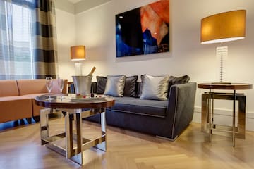 a living room with a couch and a table