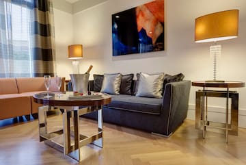 a living room with a couch and a table