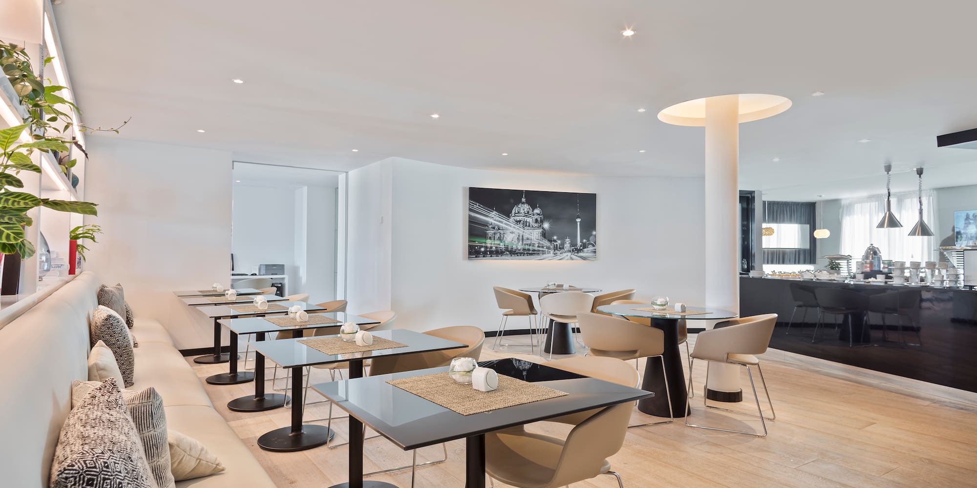 a room with tables and chairs