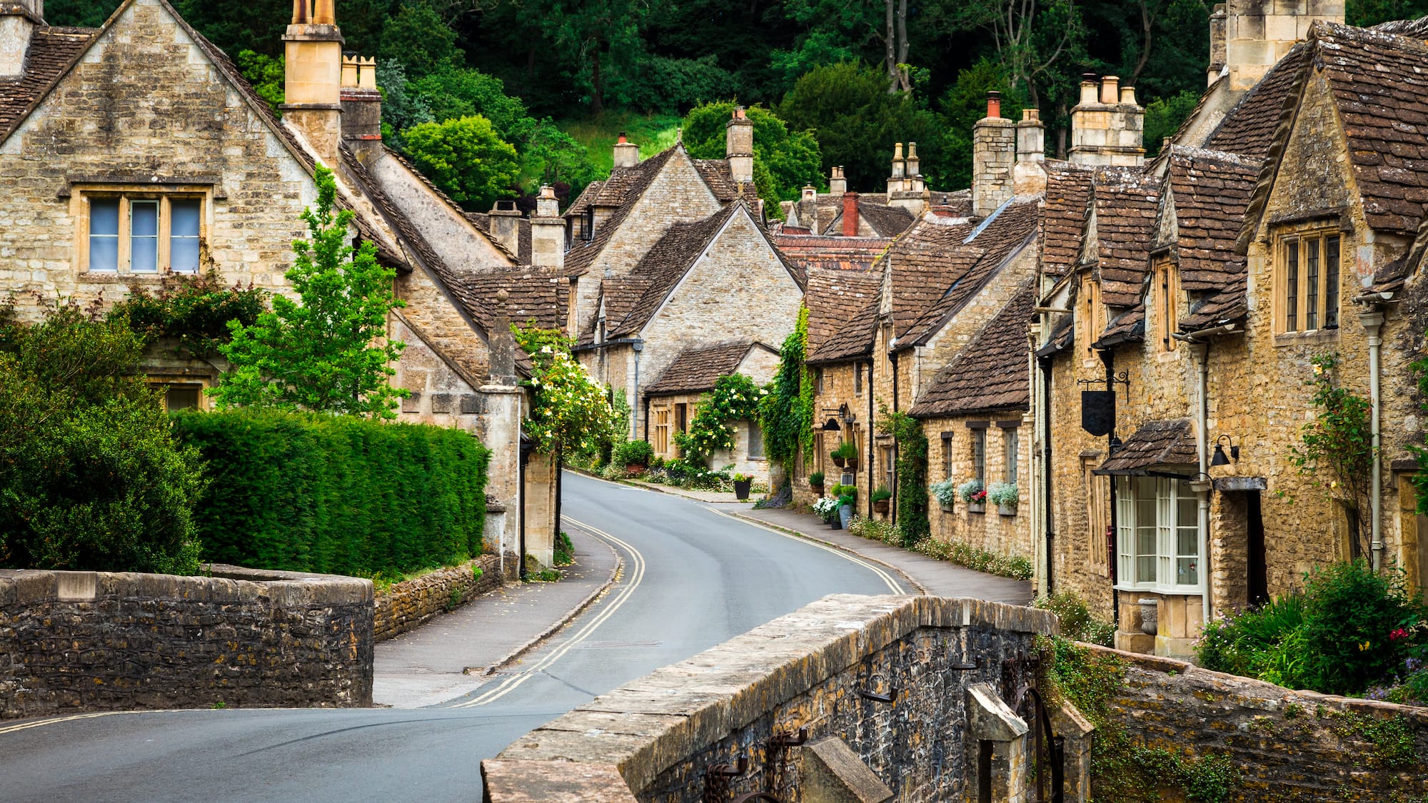 a road between houses with trees with Cotswolds in the background