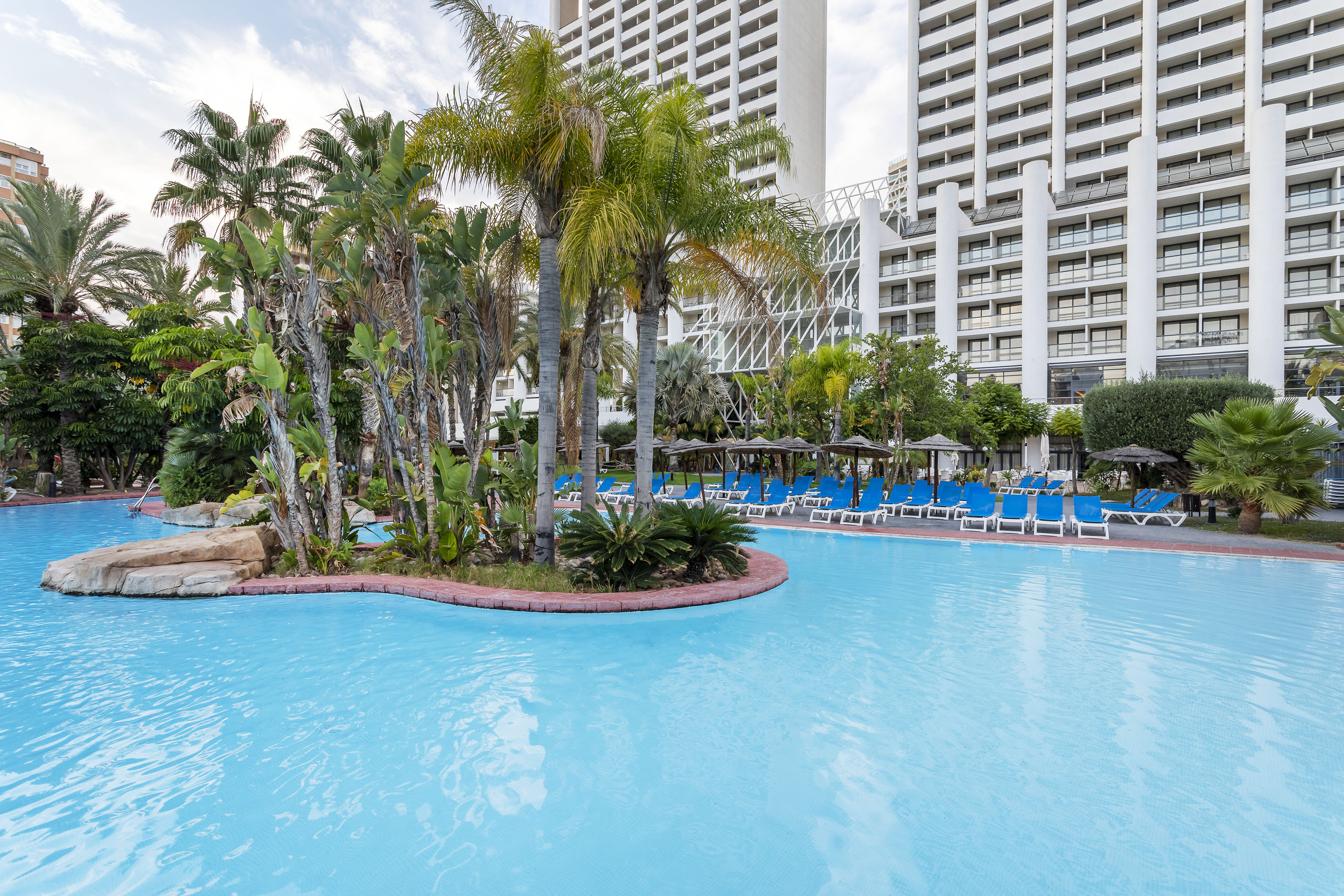 Resort swimming pool with palm trees, blue lounge chairs, and hotel building.