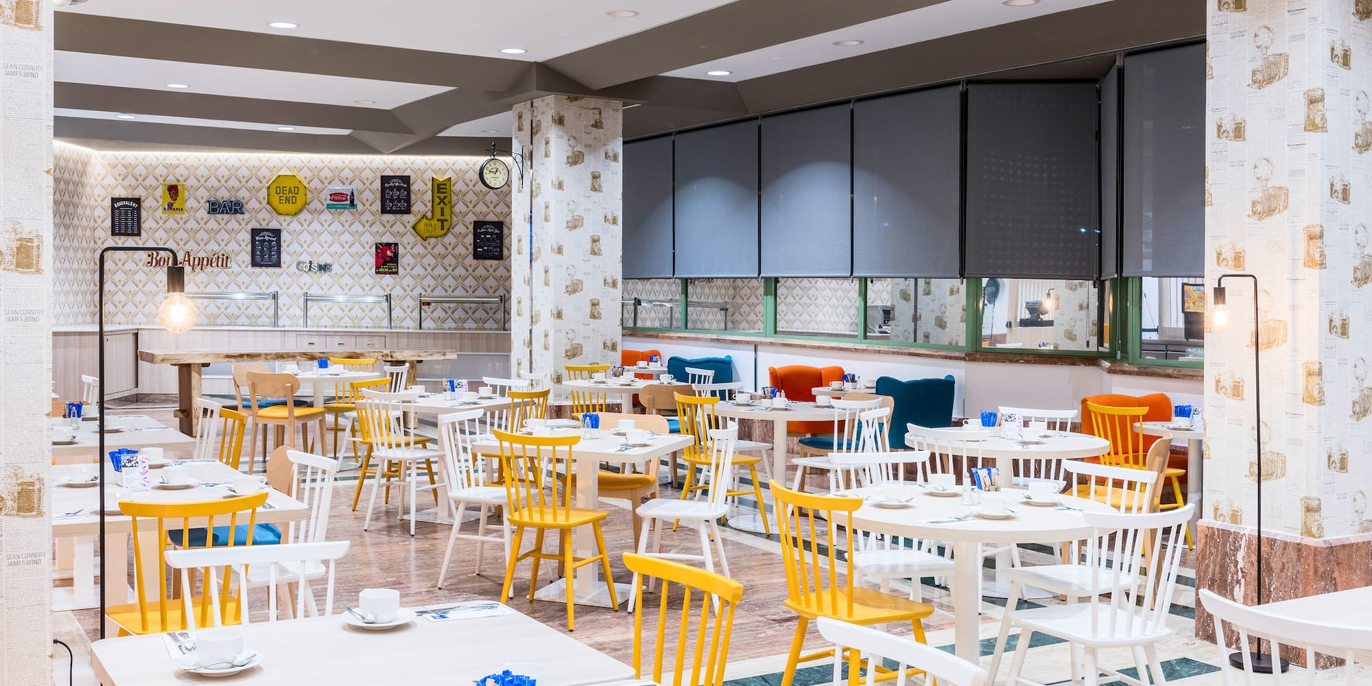 a room with tables and chairs