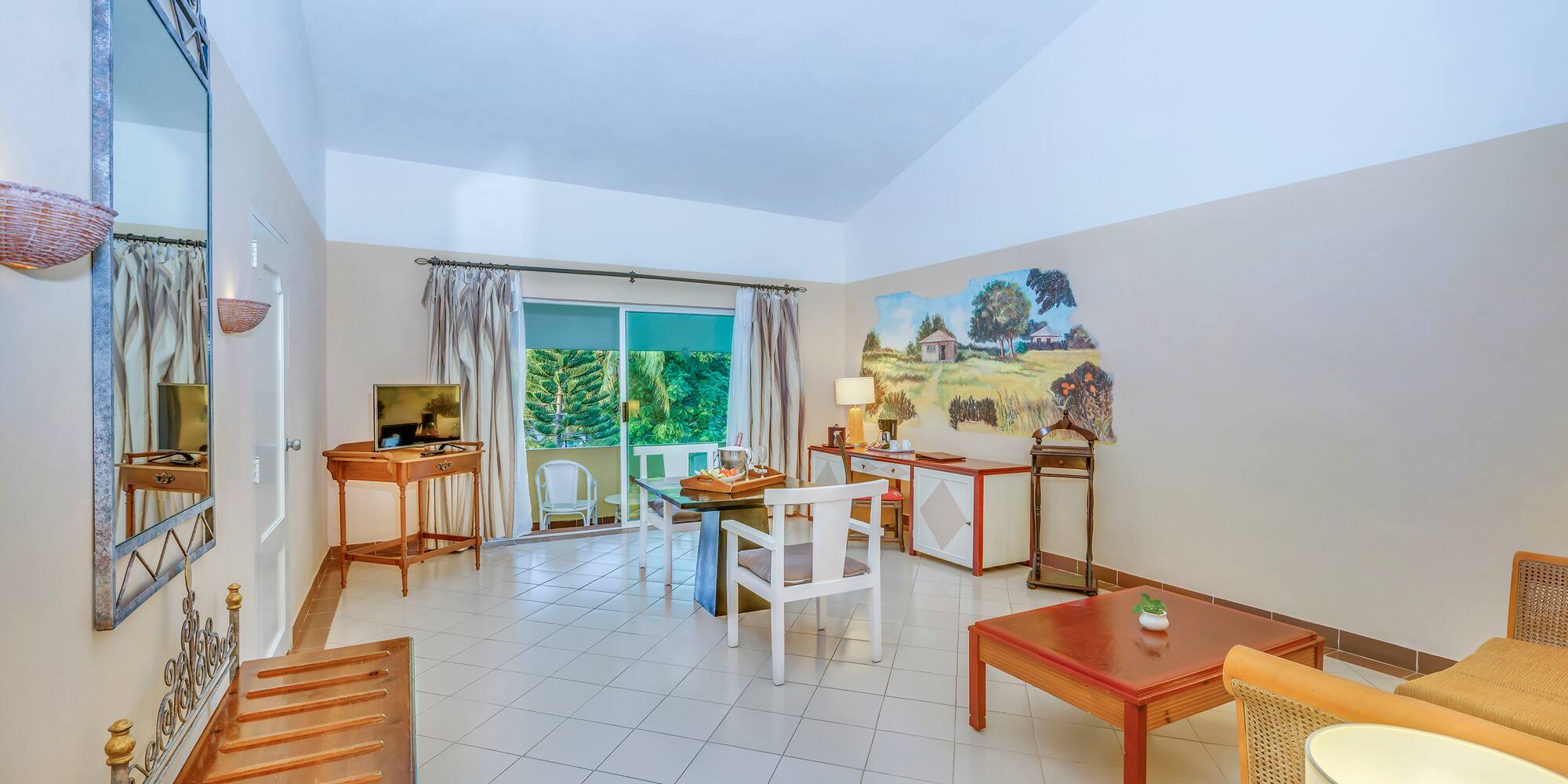 a room with a table and chairs