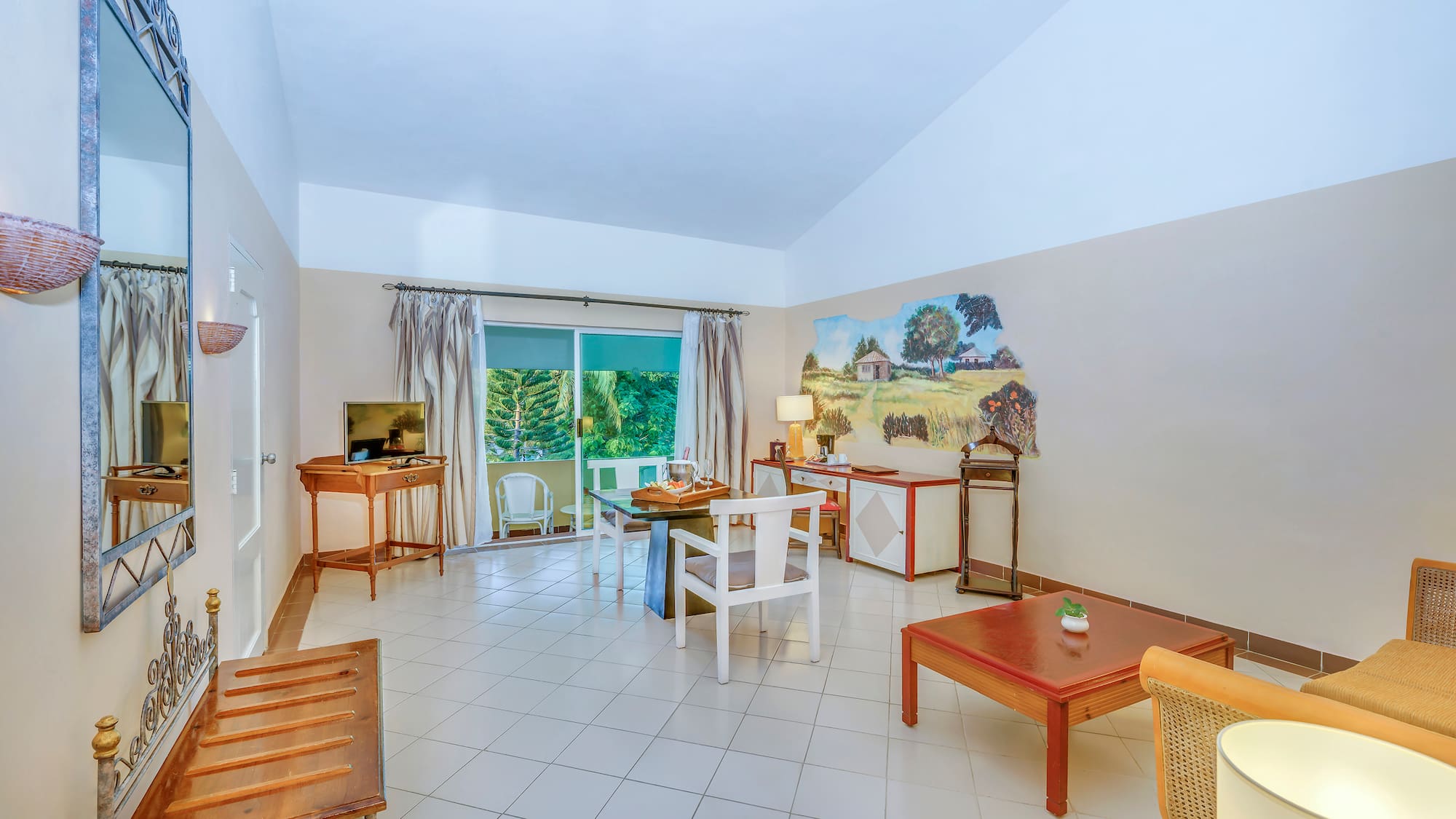 a room with a table and chairs