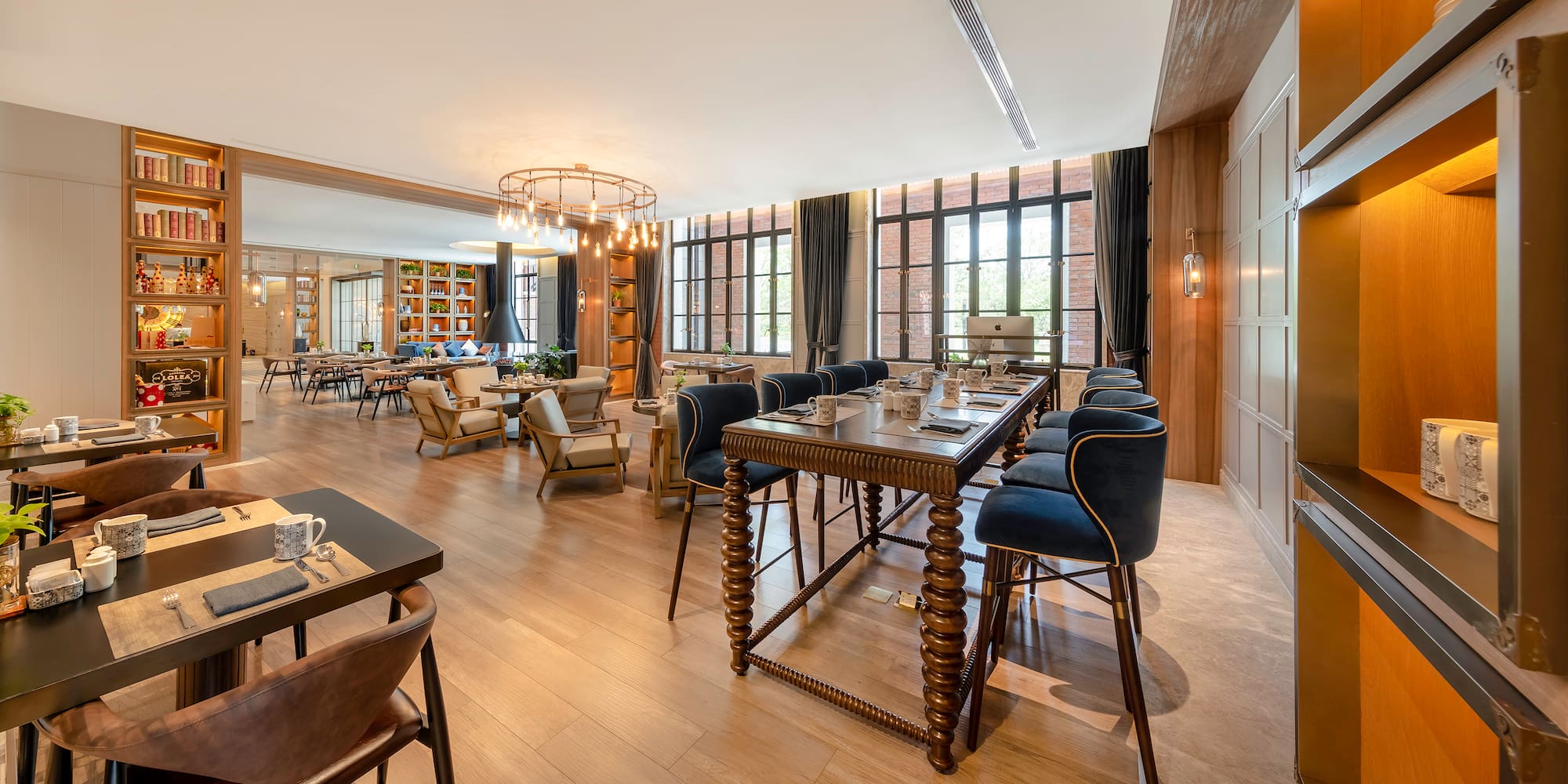 a room with tables and chairs