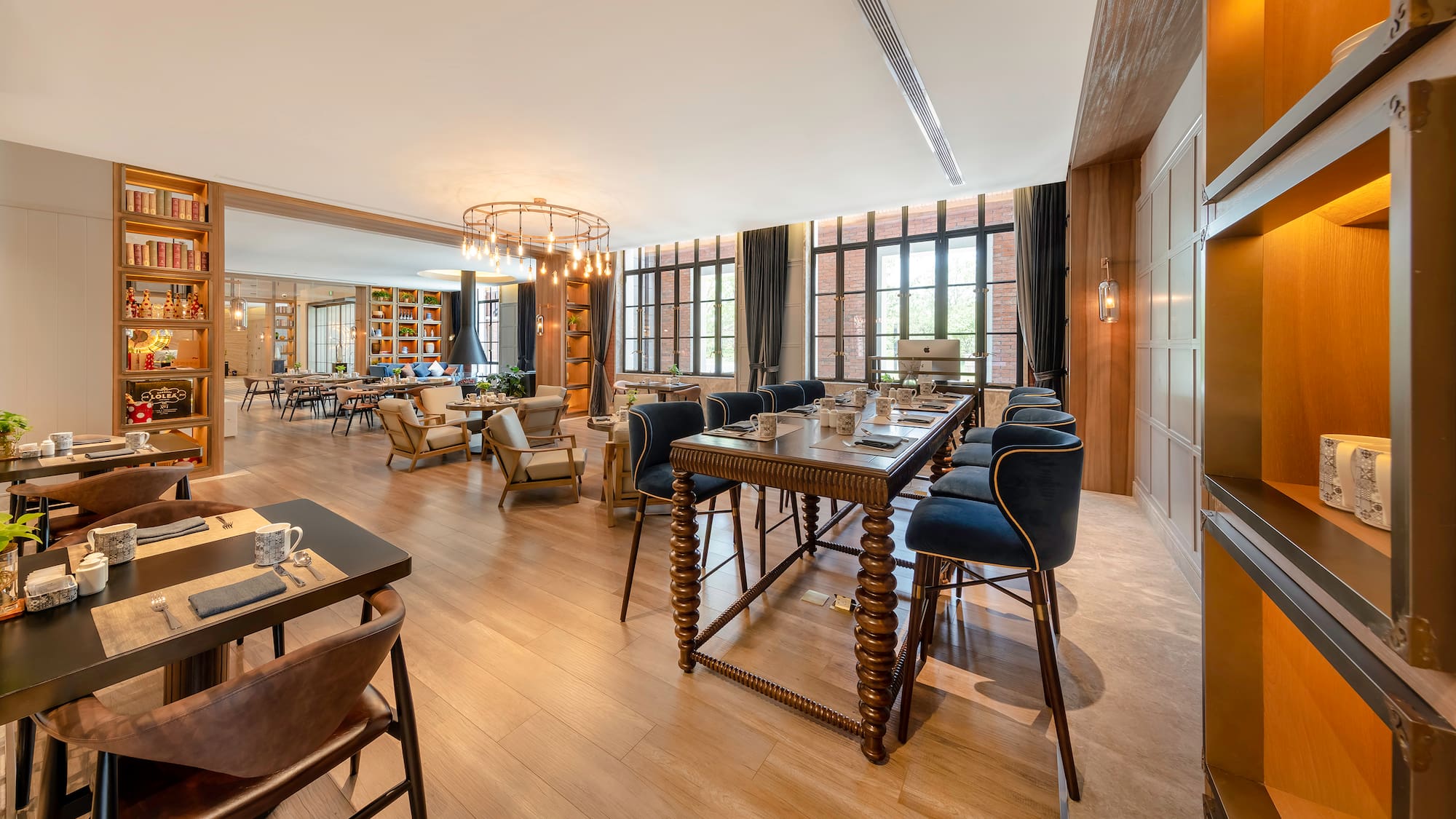 a room with tables and chairs