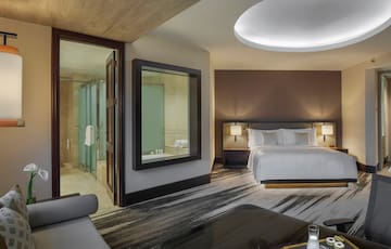 a room with a bed and a mirror