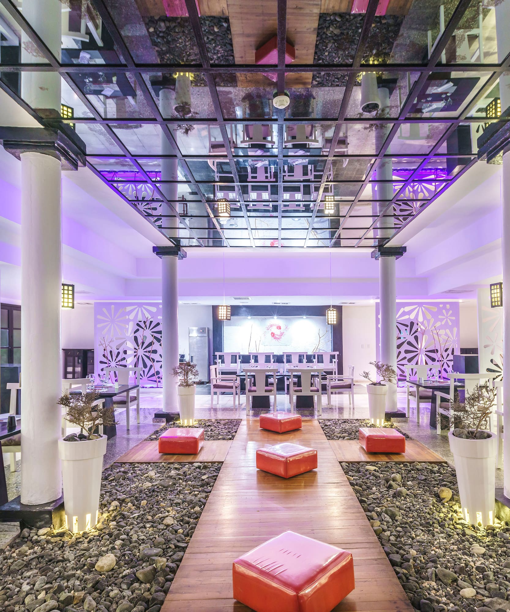 a room with a glass ceiling and a large white wall