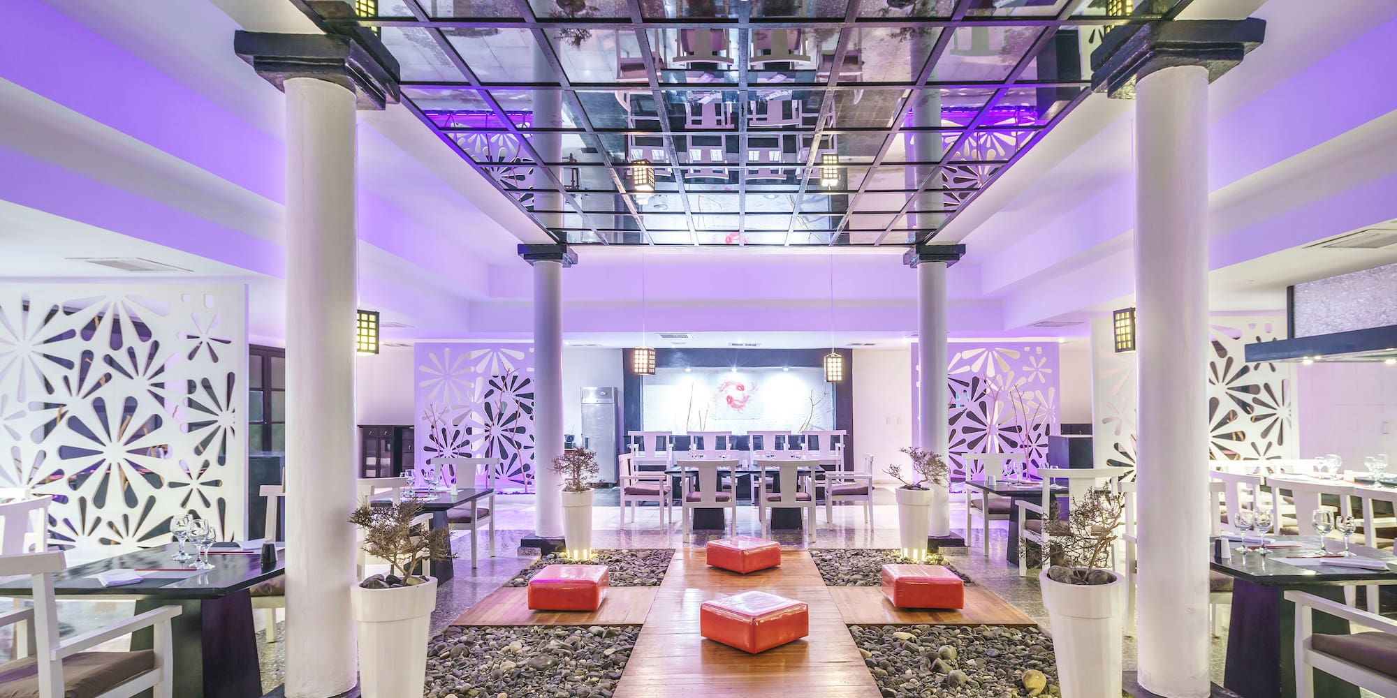 a room with a glass ceiling and a large white wall