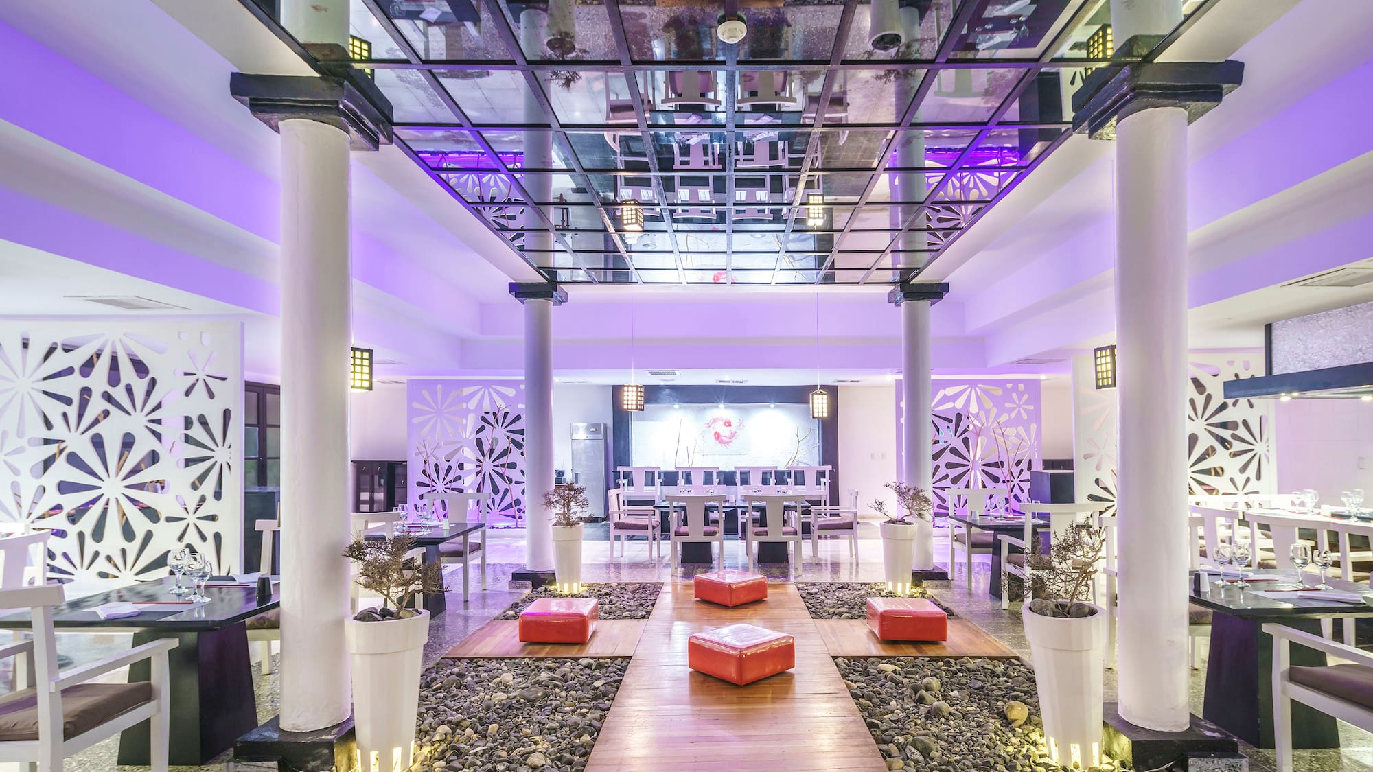 a room with a glass ceiling and a large white wall