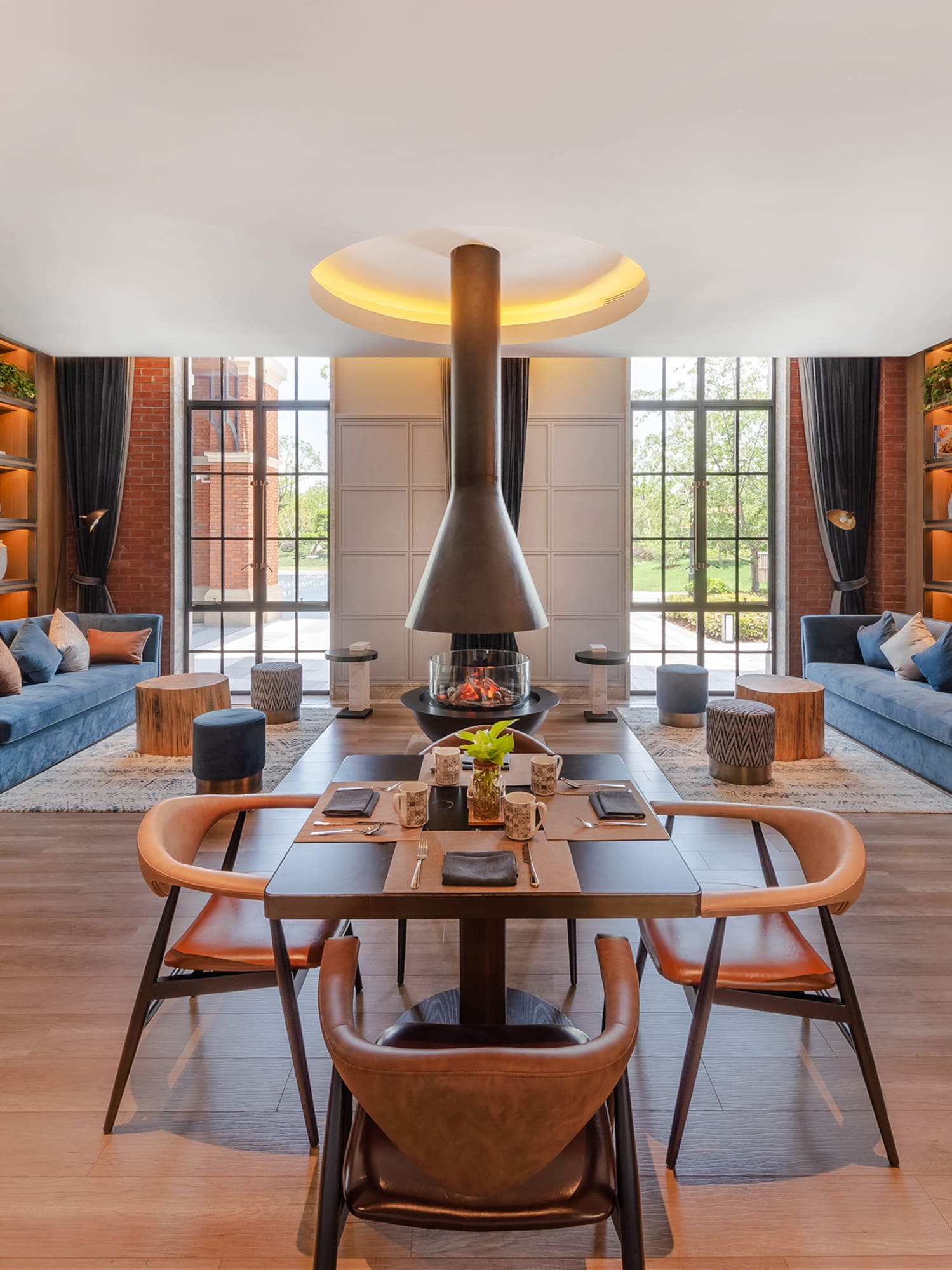 a room with a table and chairs