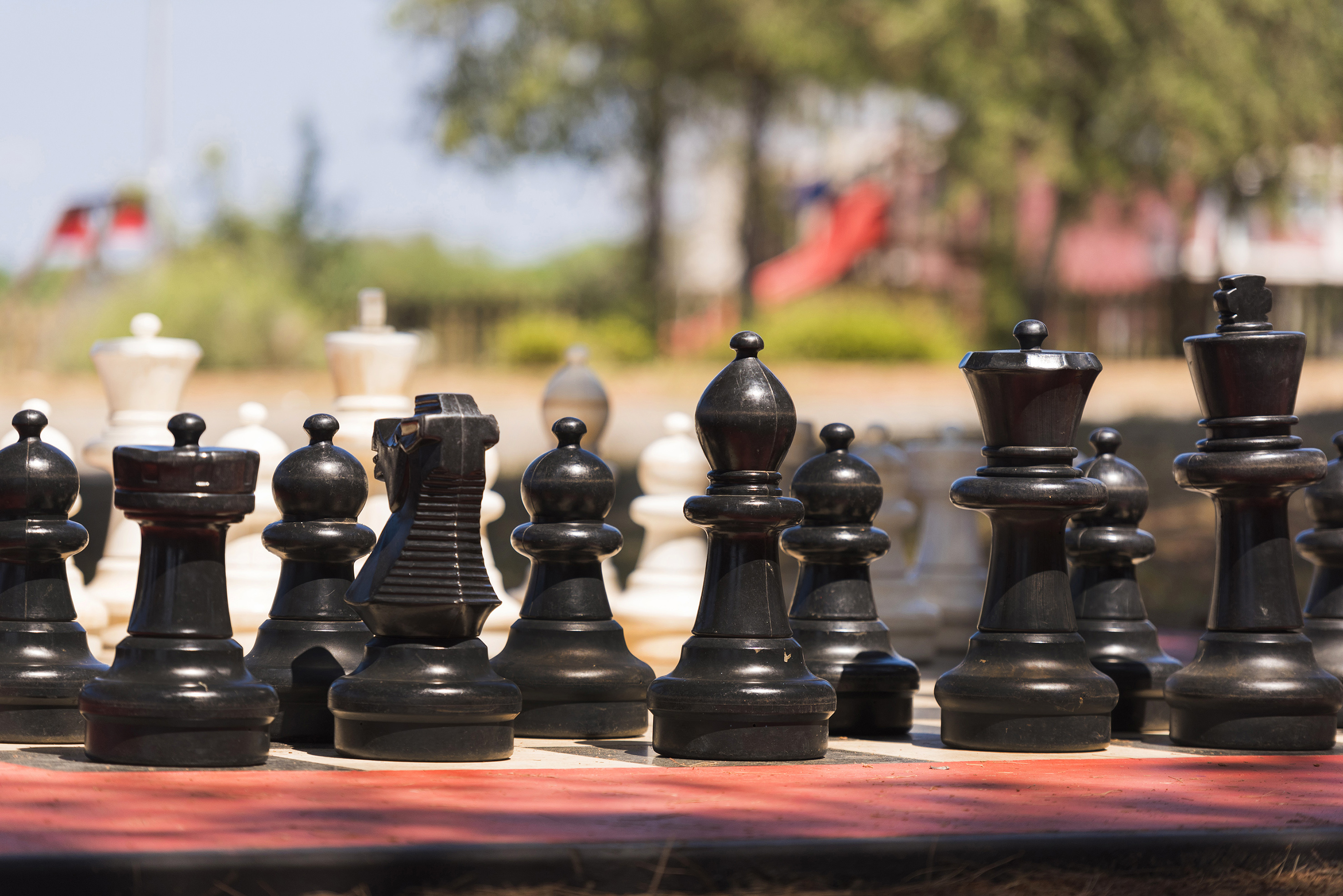 a chess board with black pieces