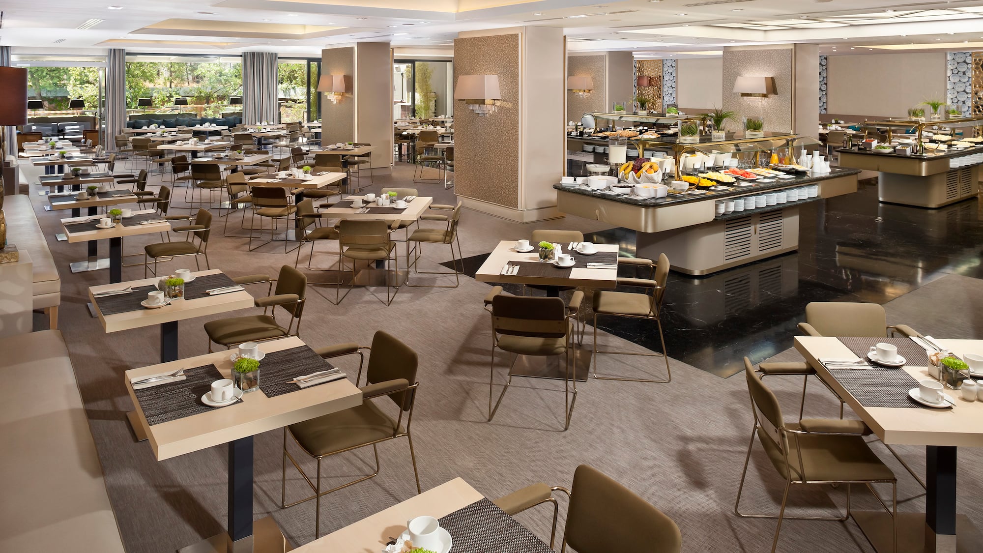 a large room with tables and chairs