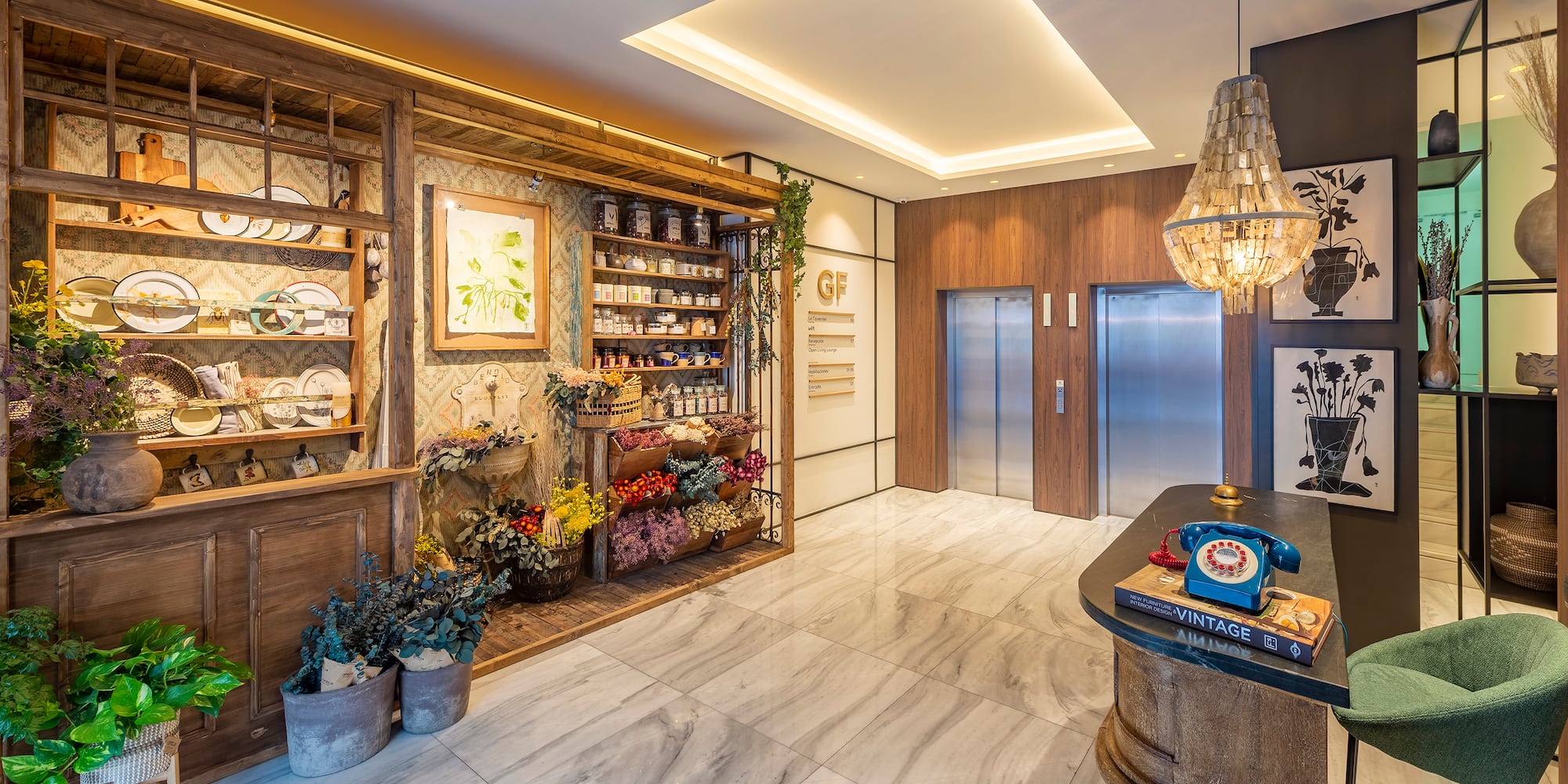 a room with a counter and shelves with plants and a chandelier