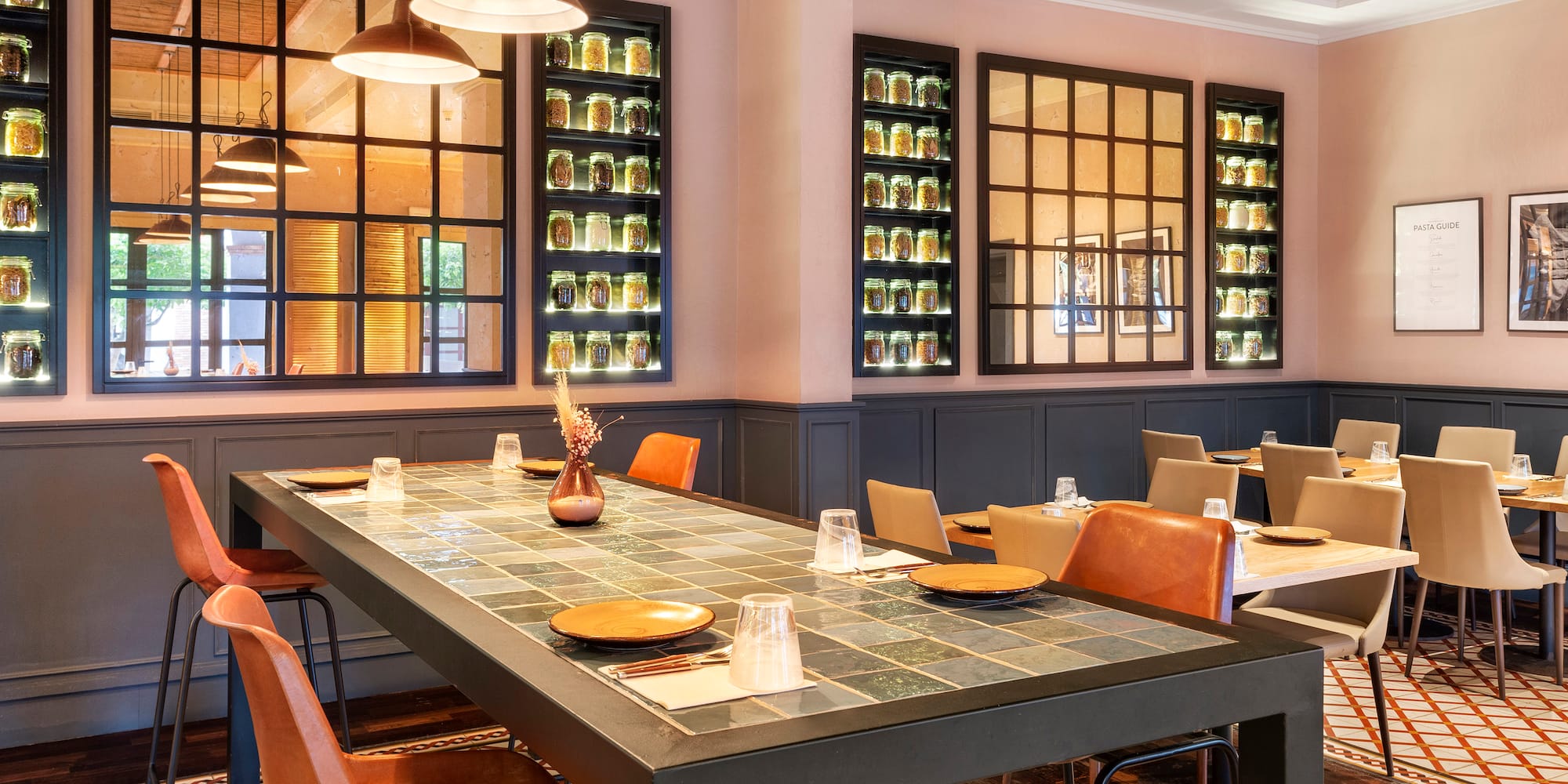 a room with a table and chairs