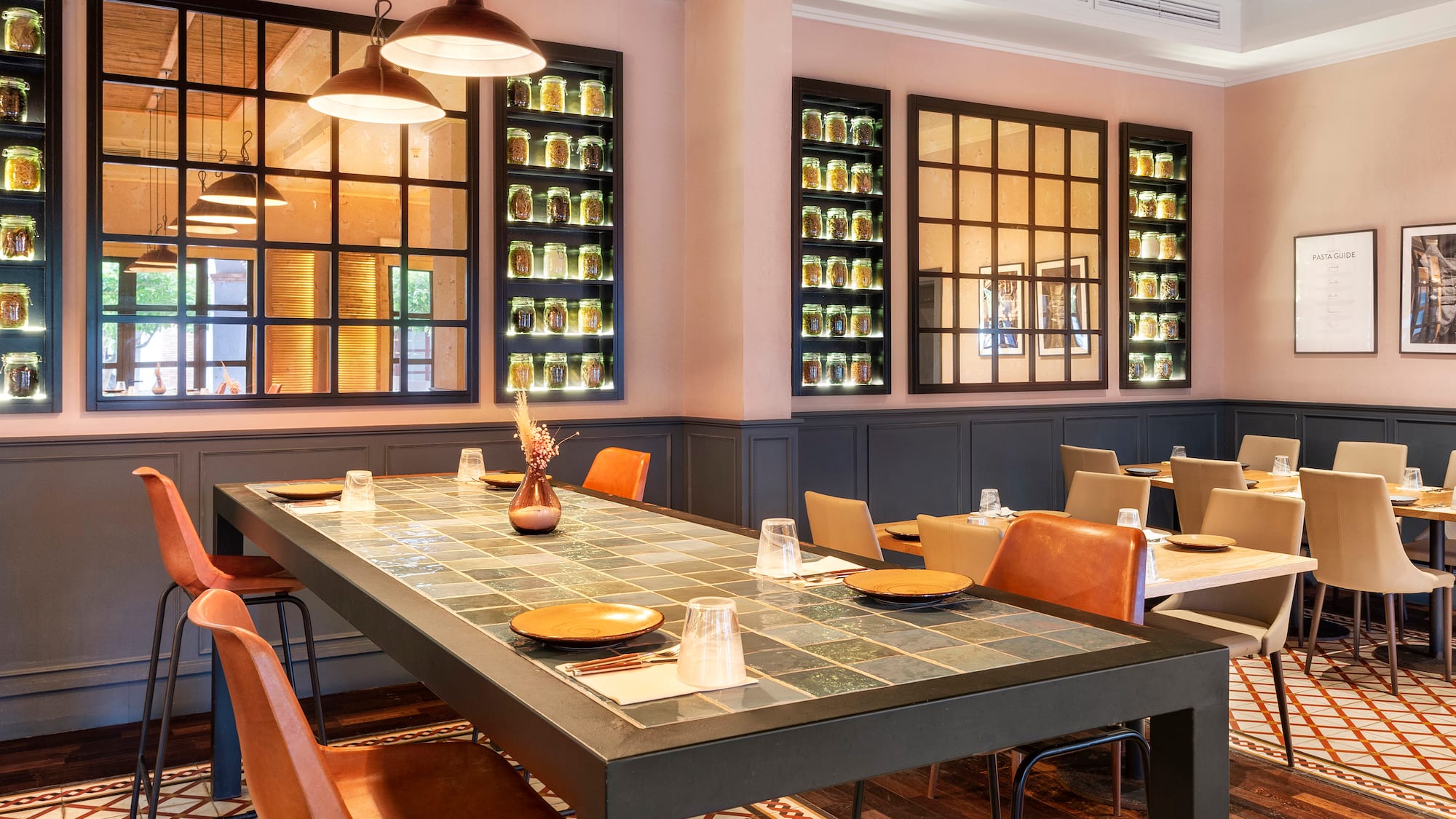 a room with a table and chairs