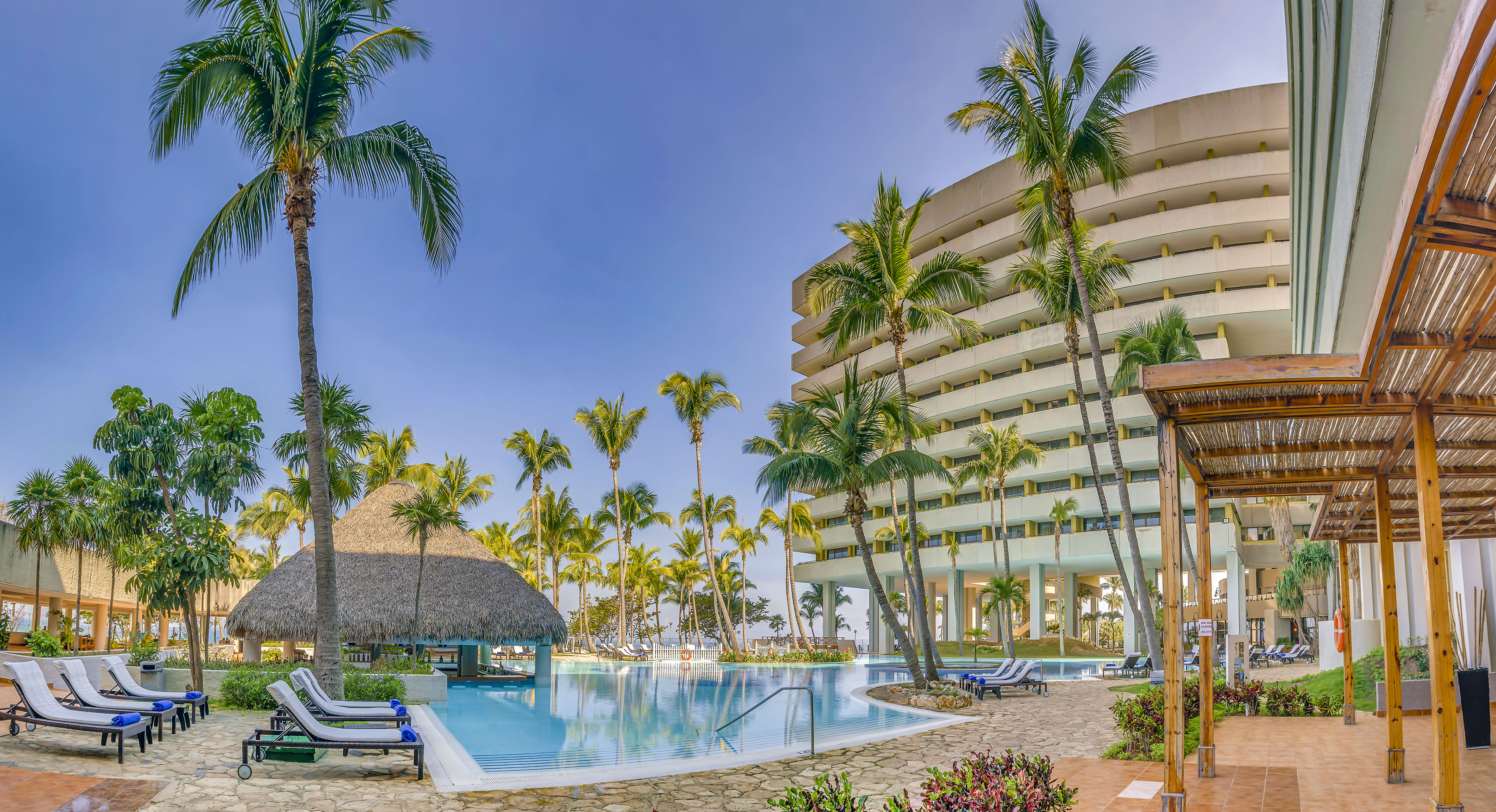 a pool with palm trees and a building