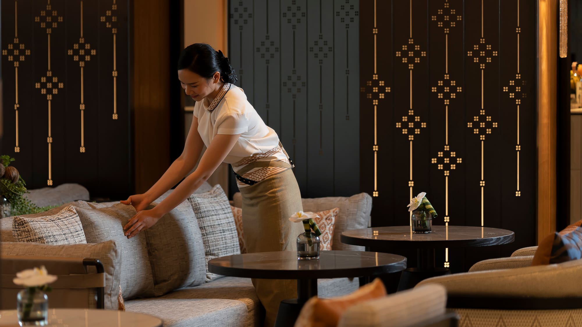 a woman in a restaurant setting