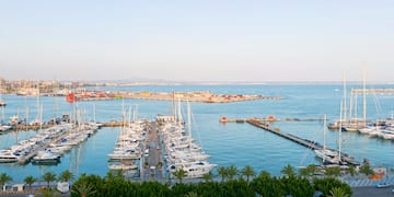 a group of boats in a harbor