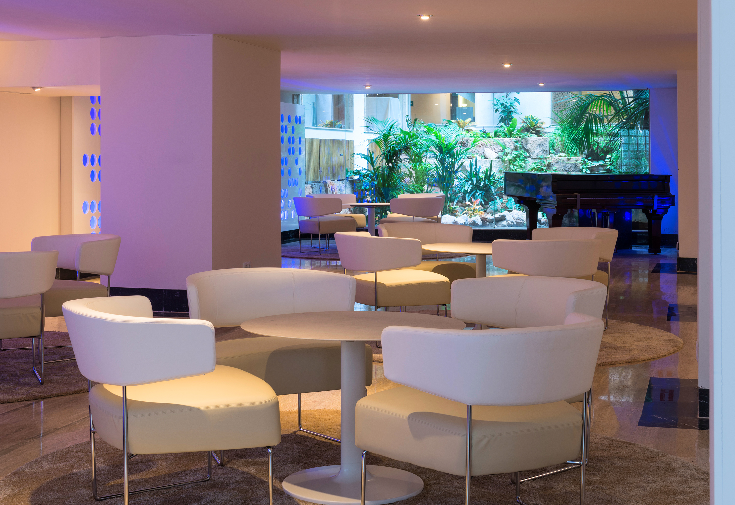Modern hotel lounge with white chairs, round tables, lush indoor garden, and grand piano.