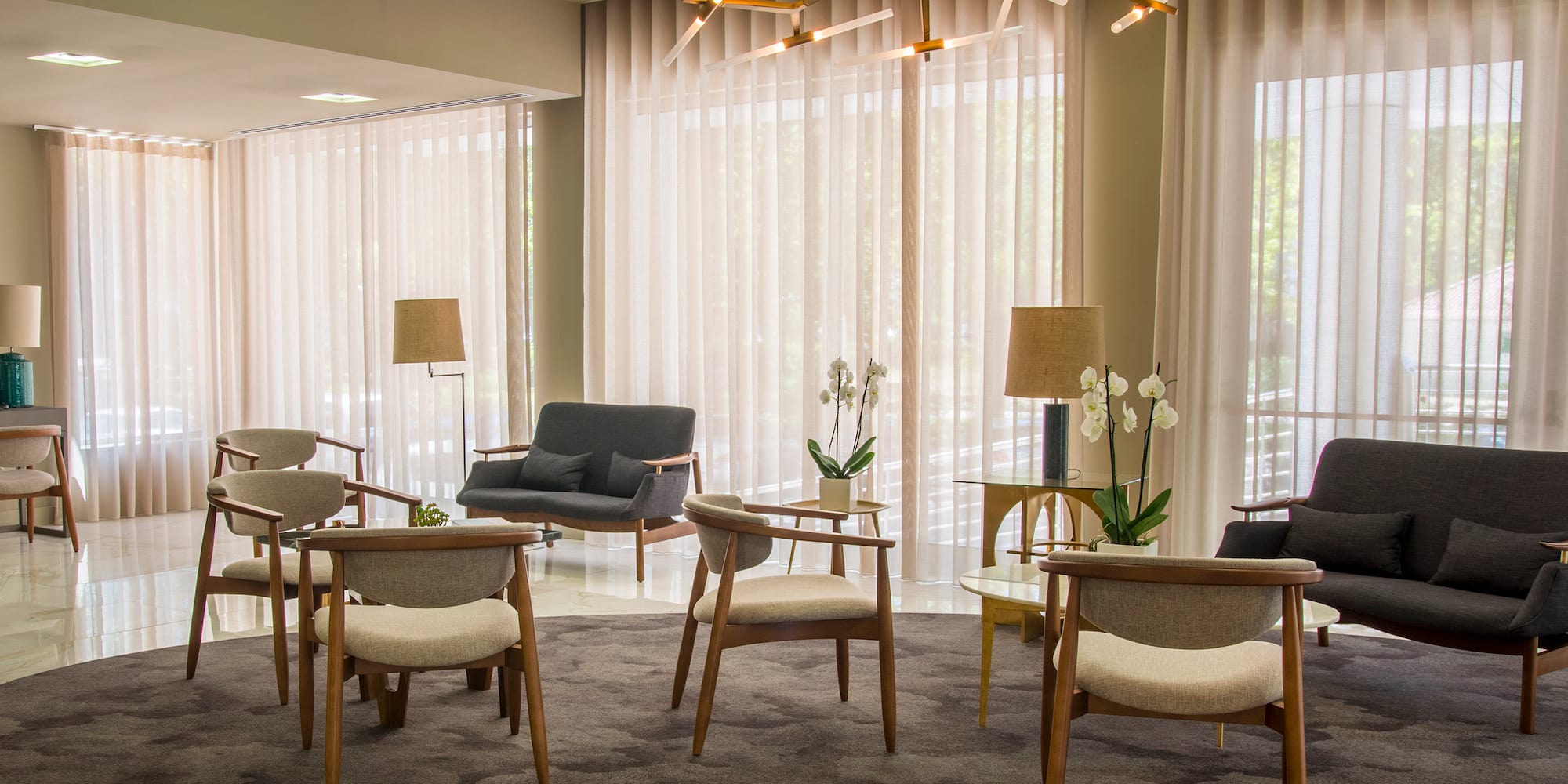 a room with chairs and tables