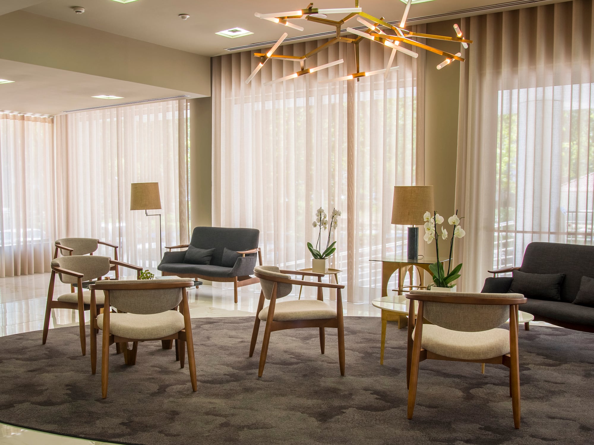 a room with chairs and tables