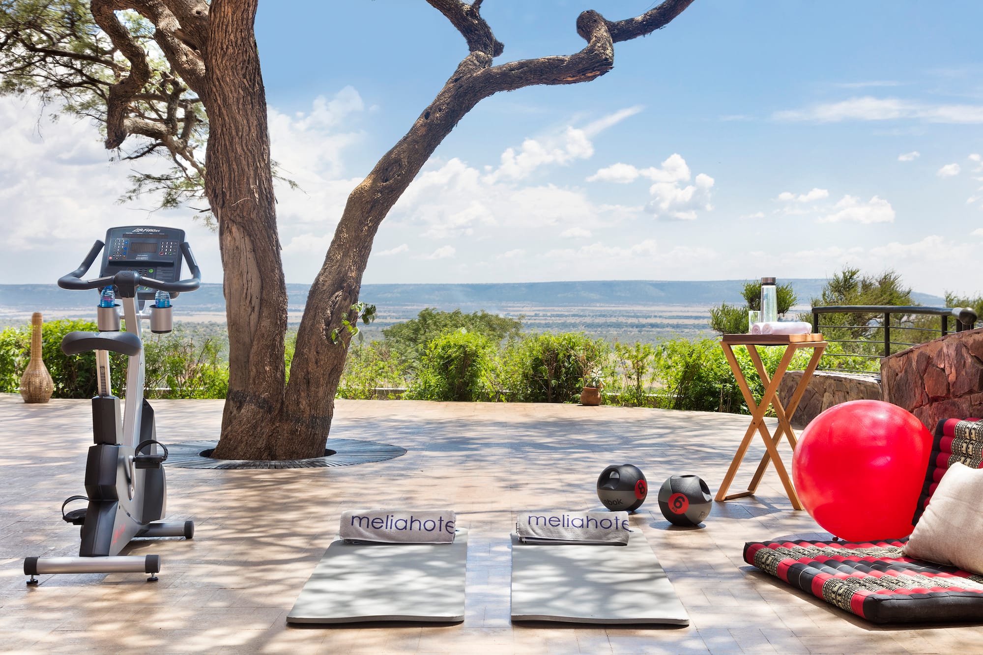 yoga mats and balls on a patio