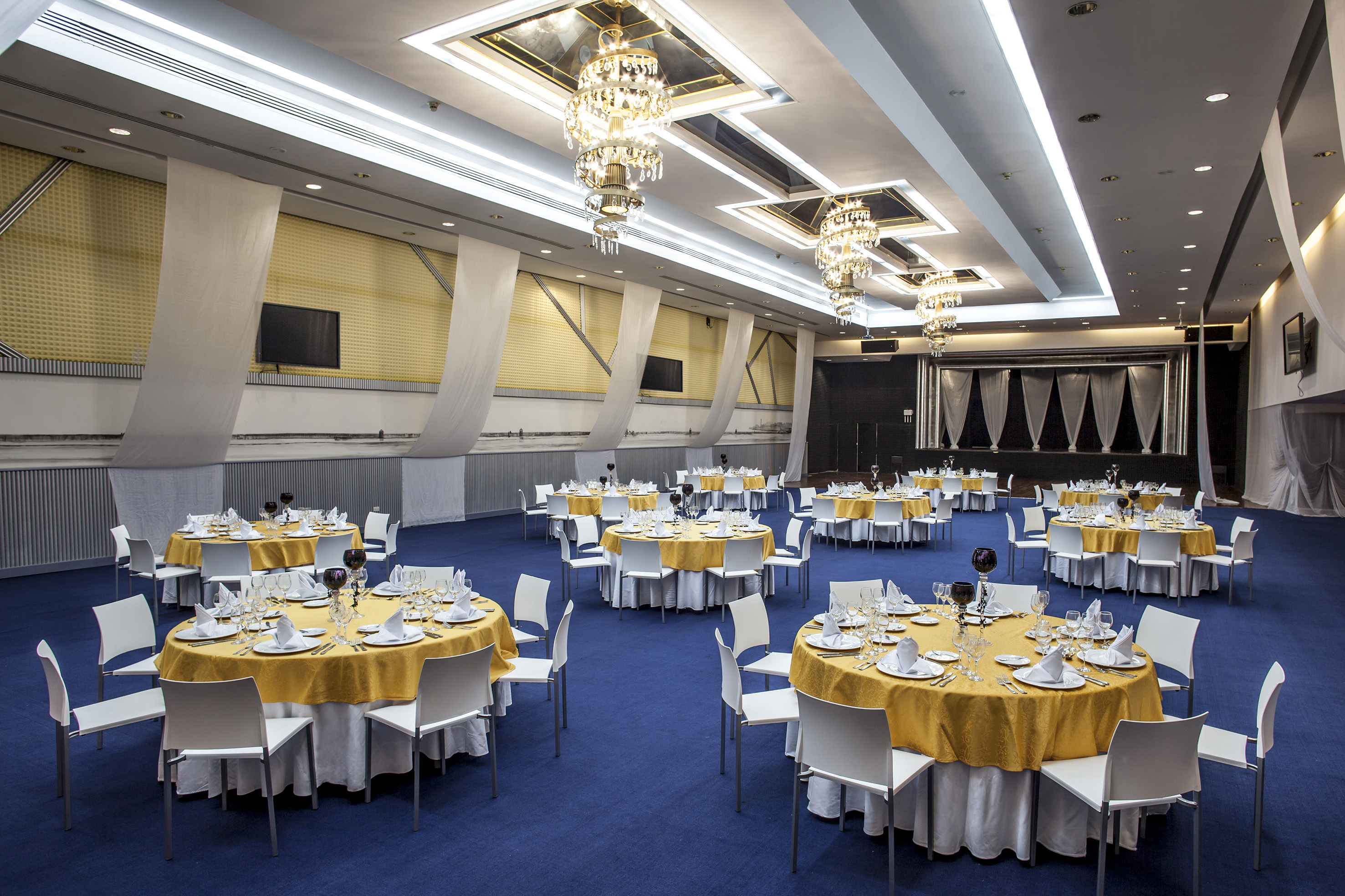 a room with tables and chairs