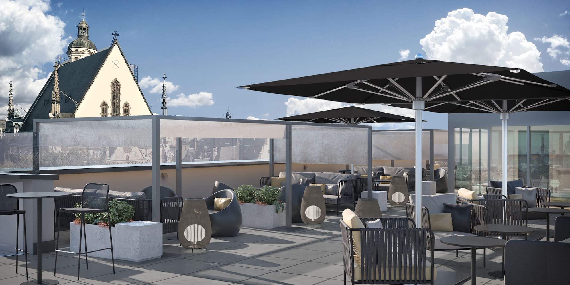 a rooftop patio with chairs and umbrellas