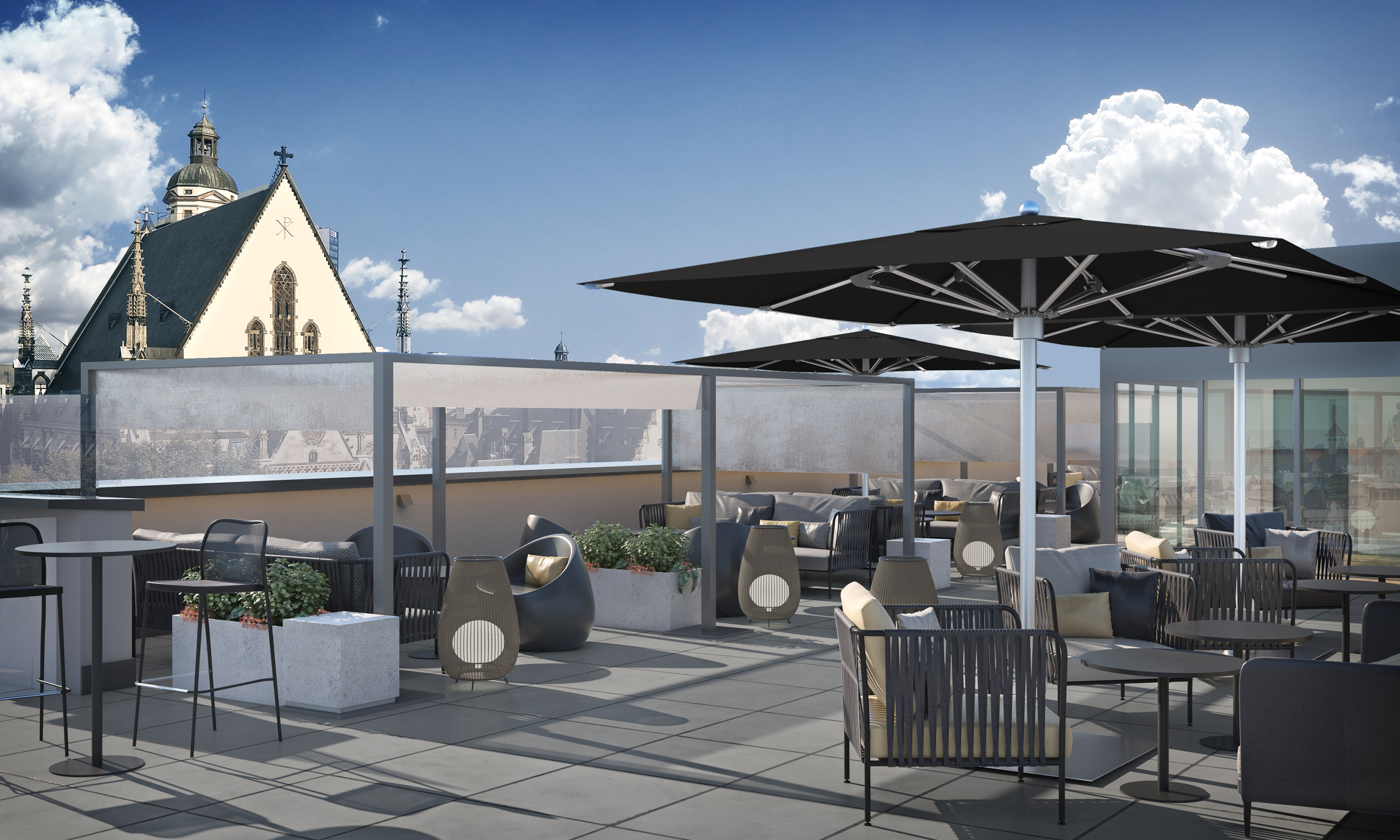 a rooftop patio with chairs and umbrellas