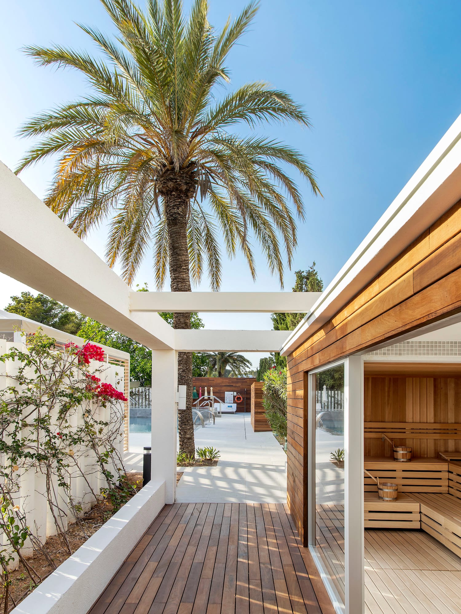 a wooden sauna with a palm tree in the background