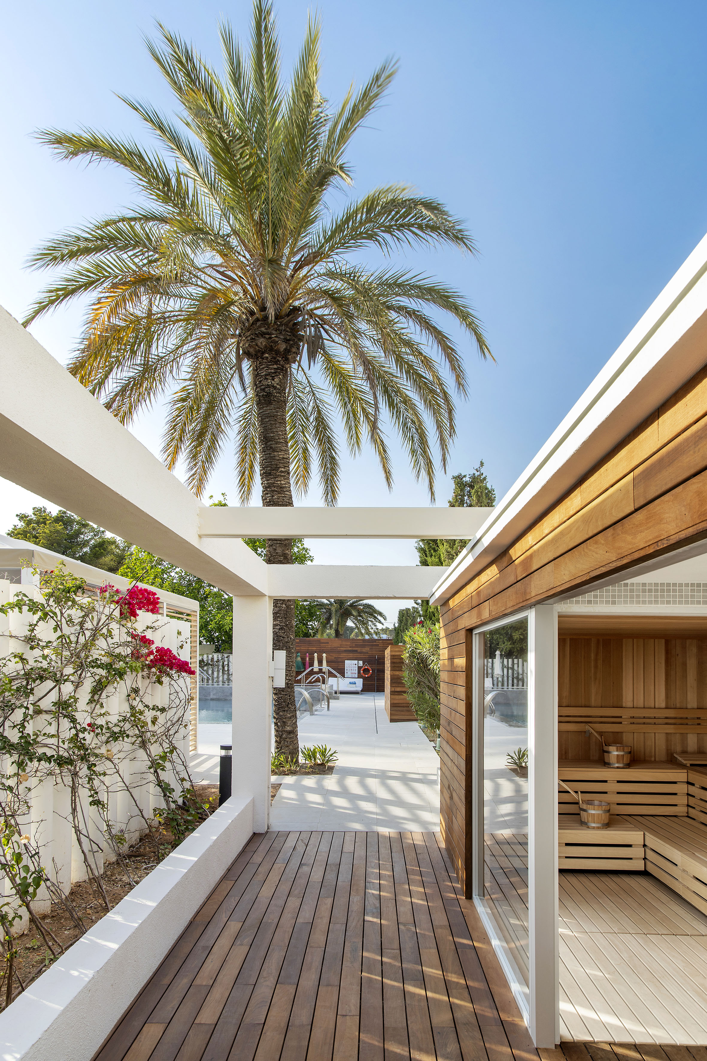 Resort outdoor sauna with wooden deck, palm tree, and pool area.