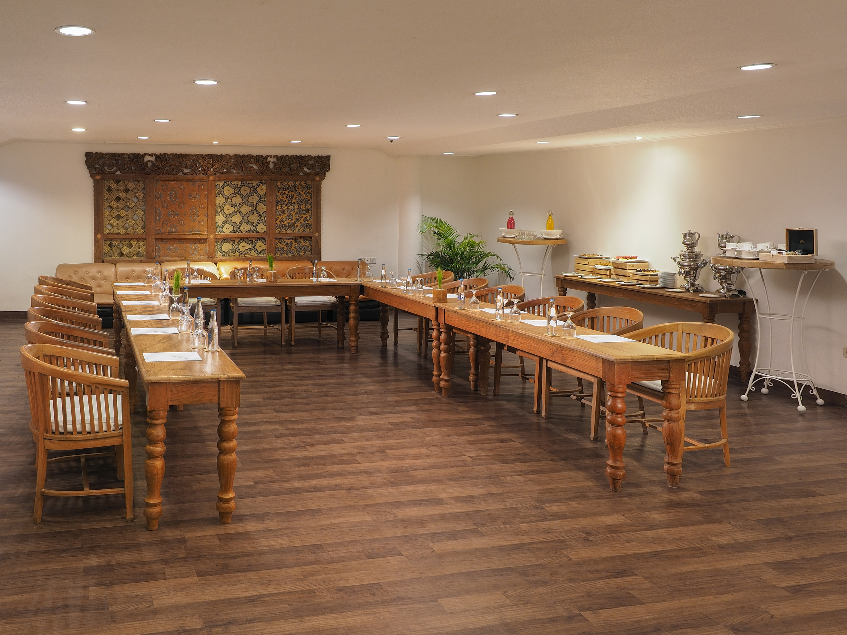 a room with tables and chairs