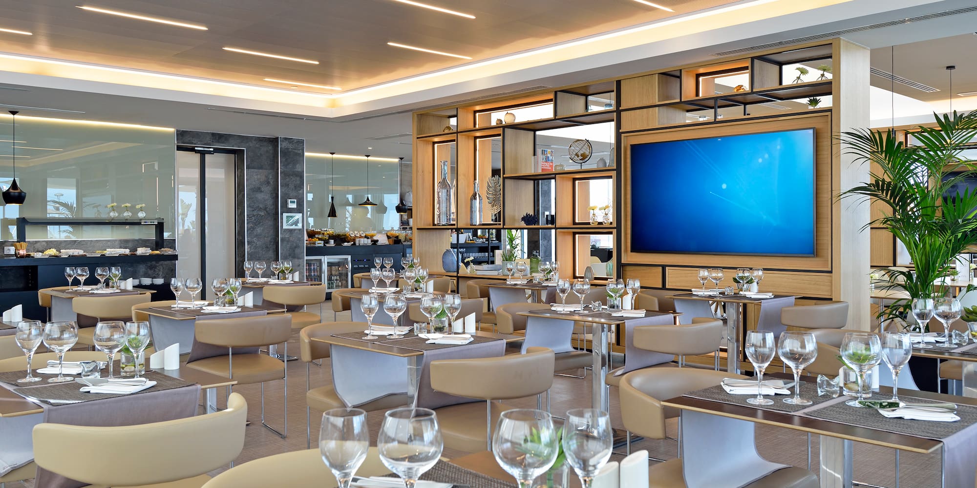 a room with tables and chairs