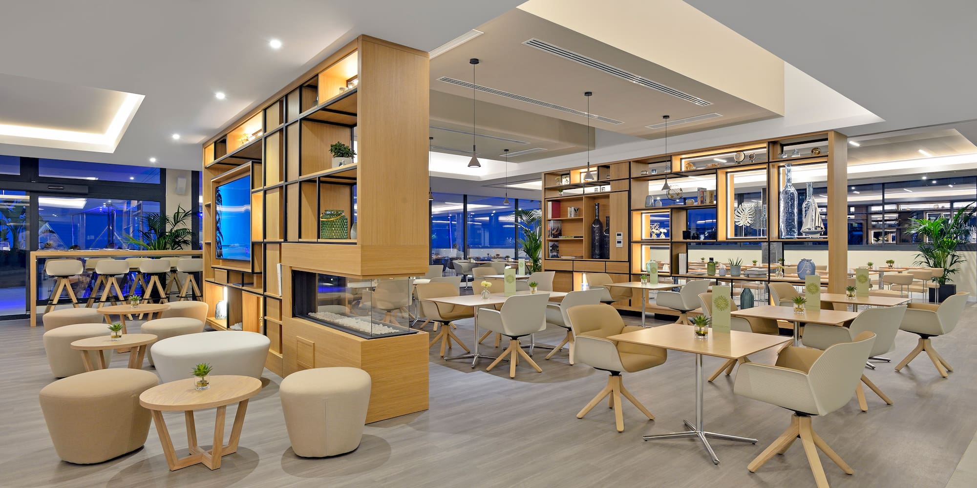 a room with tables and chairs