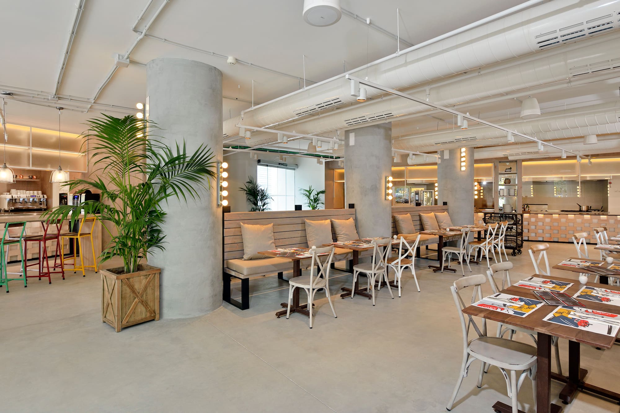 a room with tables and chairs